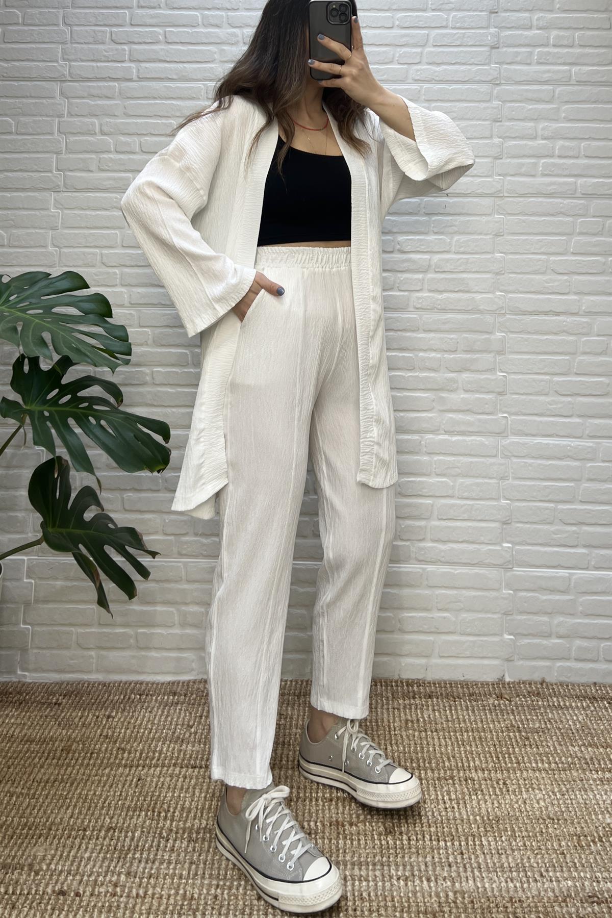 Beyaz Gofre Kimono Pantolon Takım uygun fiyatlarda www.butikhola.com adresinde