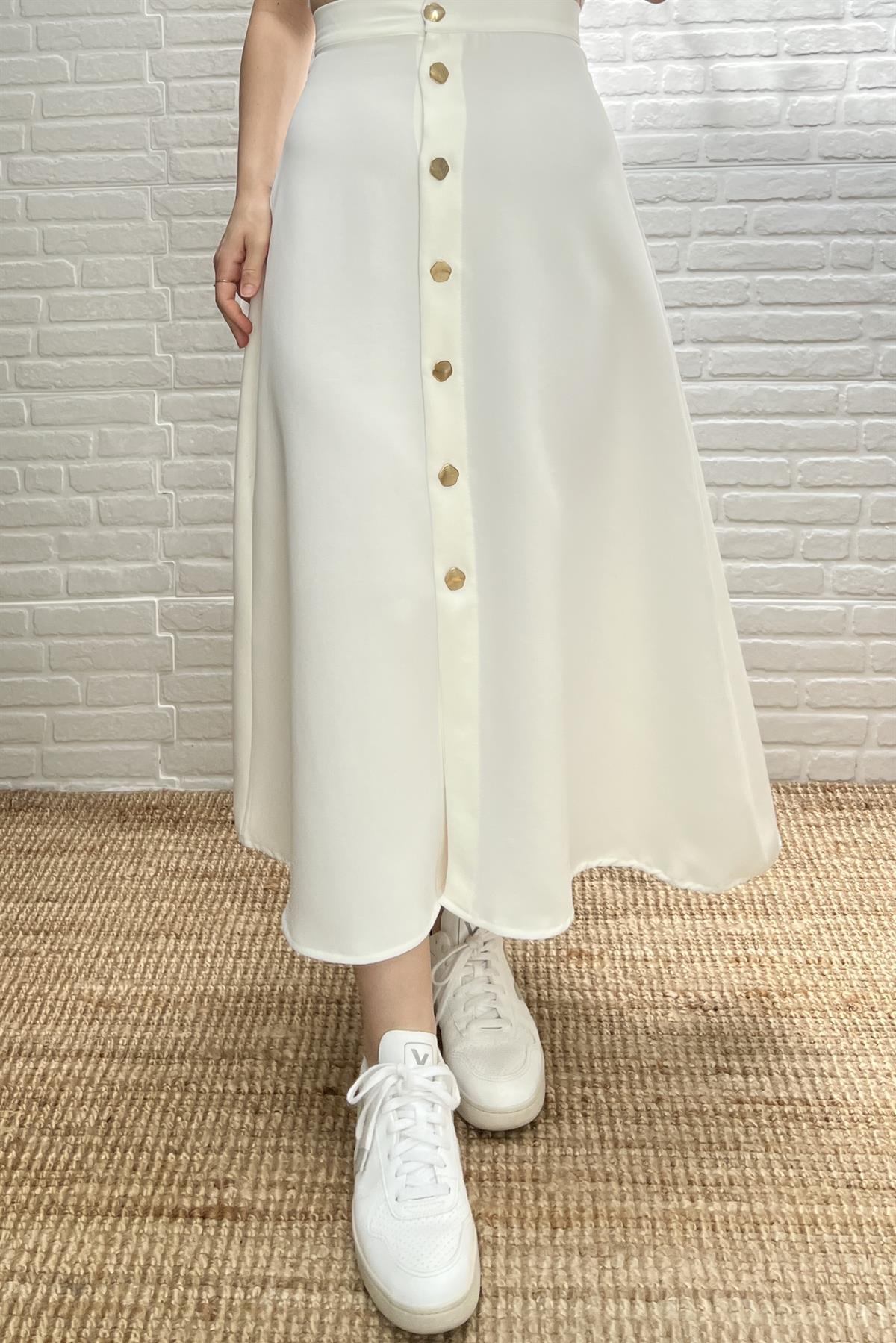 Beyaz Gold Düğmeli Maksi Etek uygun fiyatlarda www.butikhola.com adresinde