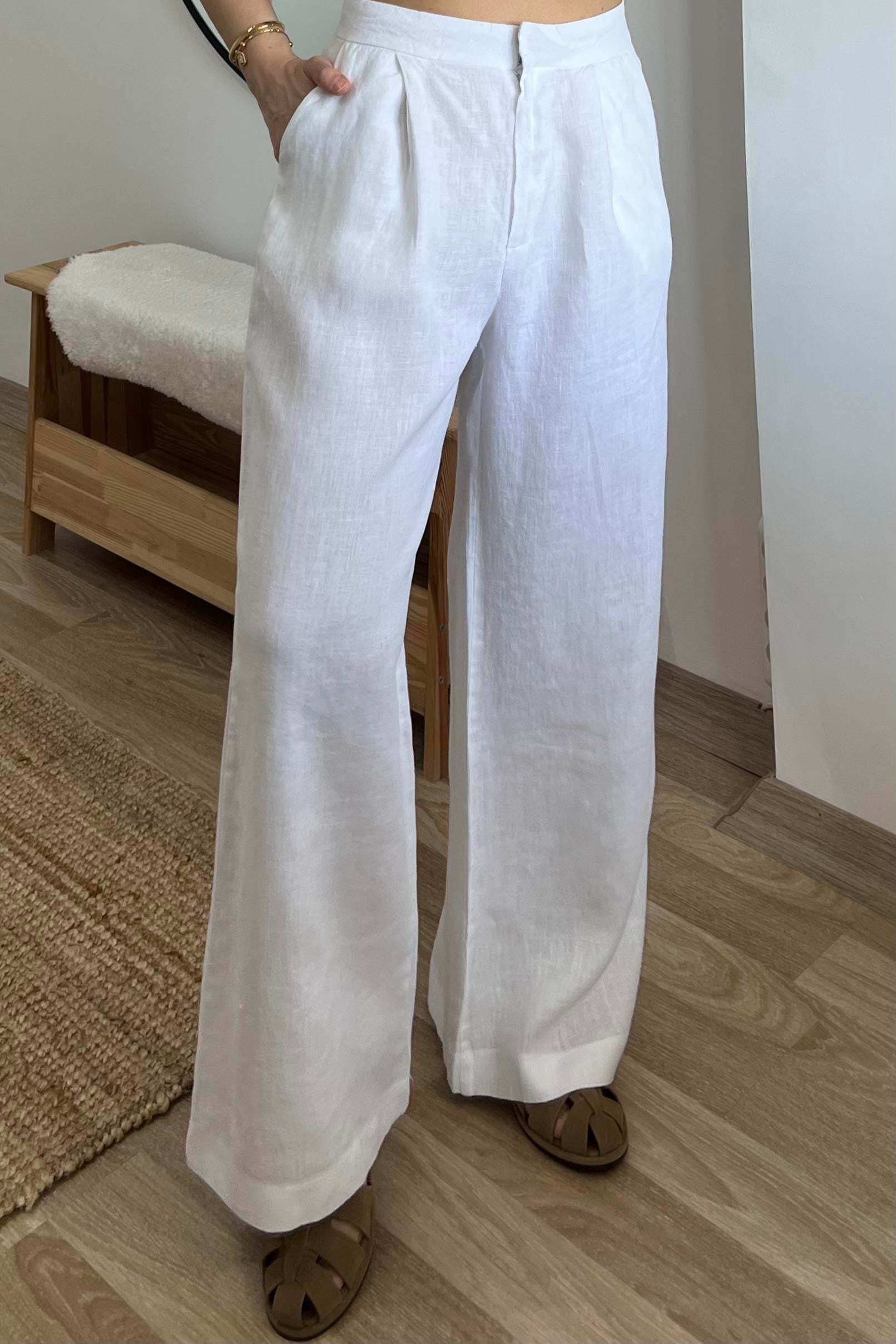 Beyaz Ham Keten Comfort Pantolon uygun fiyatlarda www.butikhola.com adresinde