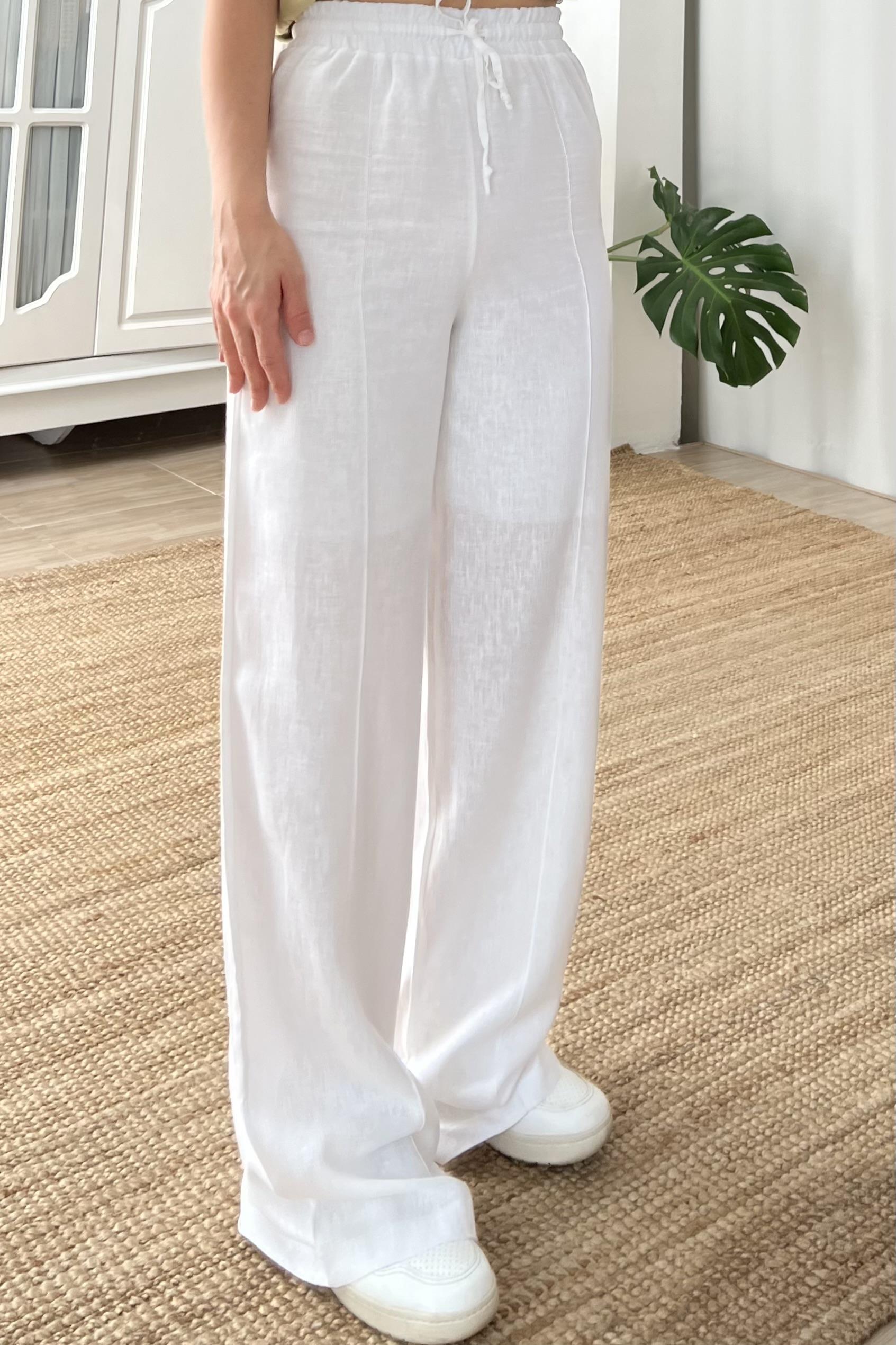 Beyaz Keten Beli İpli Palazzo Pantolon uygun fiyatlarda www.butikhola.com adresinde