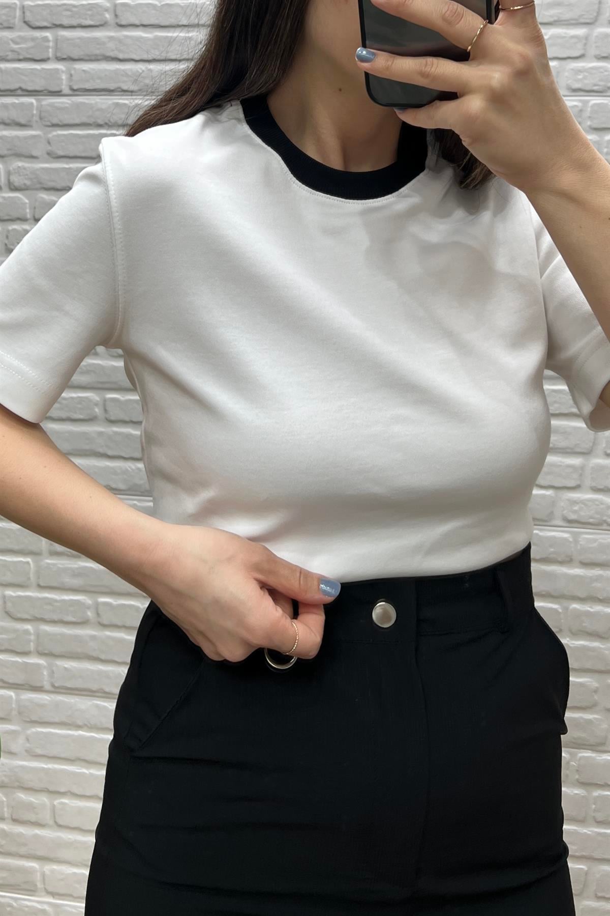 Beyaz Kontrast Biyeli Tshirt uygun fiyatlarda www.butikhola.com adresinde