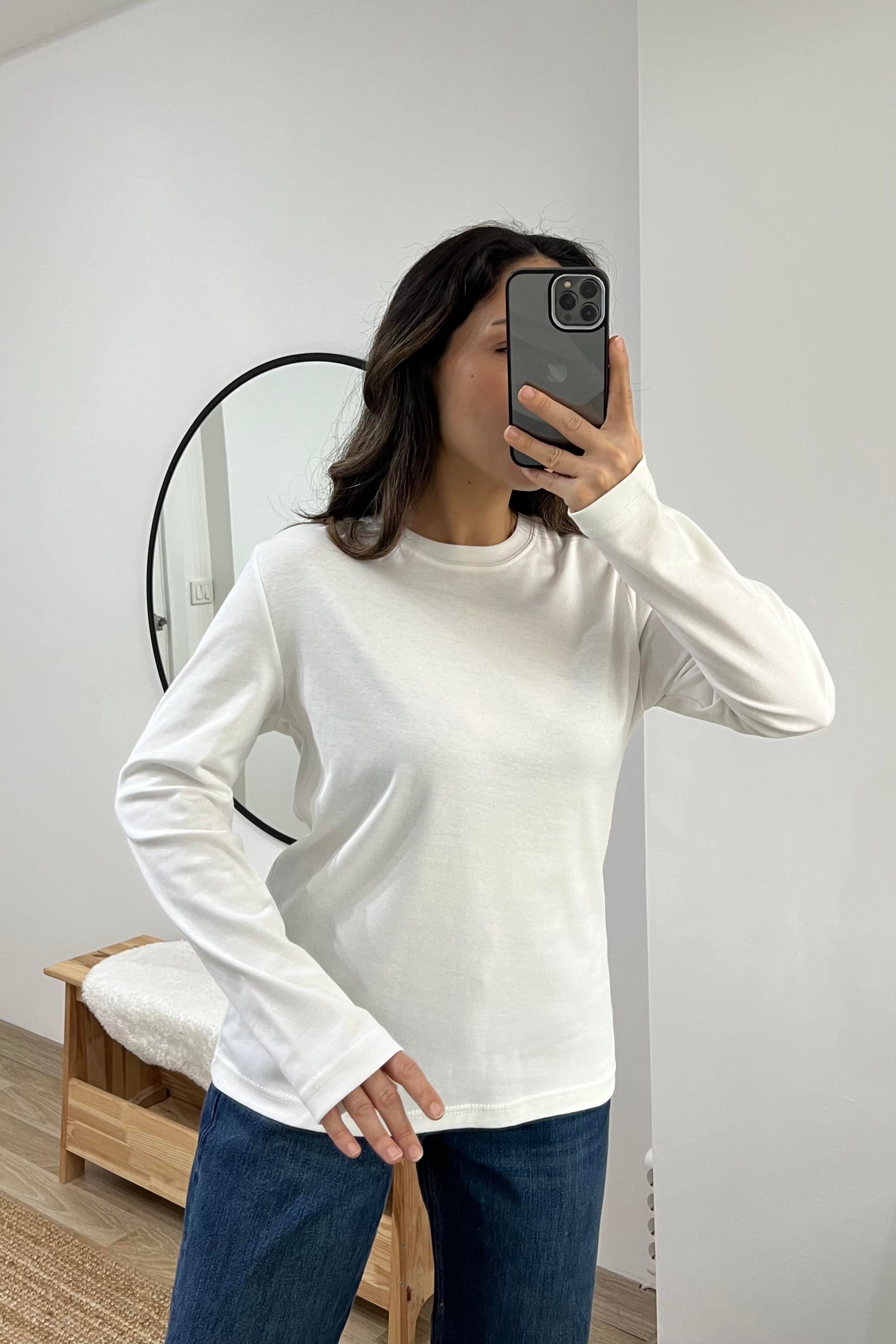 Beyaz Organik Pamuklu Uzun Kollu Basic Tshirt uygun fiyatlarda www.butikhola.com adresinde