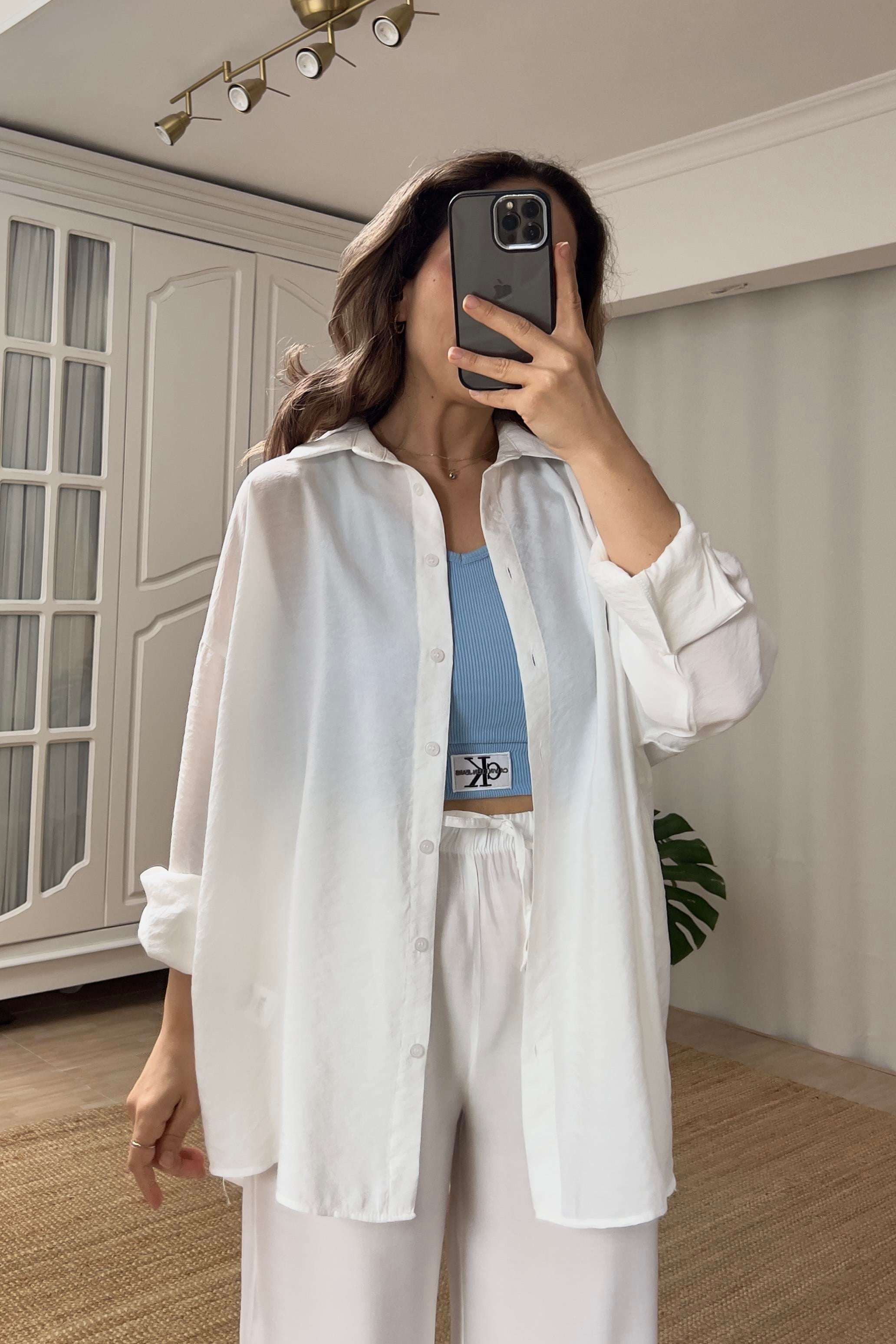 Beyaz Oversize Tensel Gömlek  uygun fiyatlarda www.butikhola.com adresinde