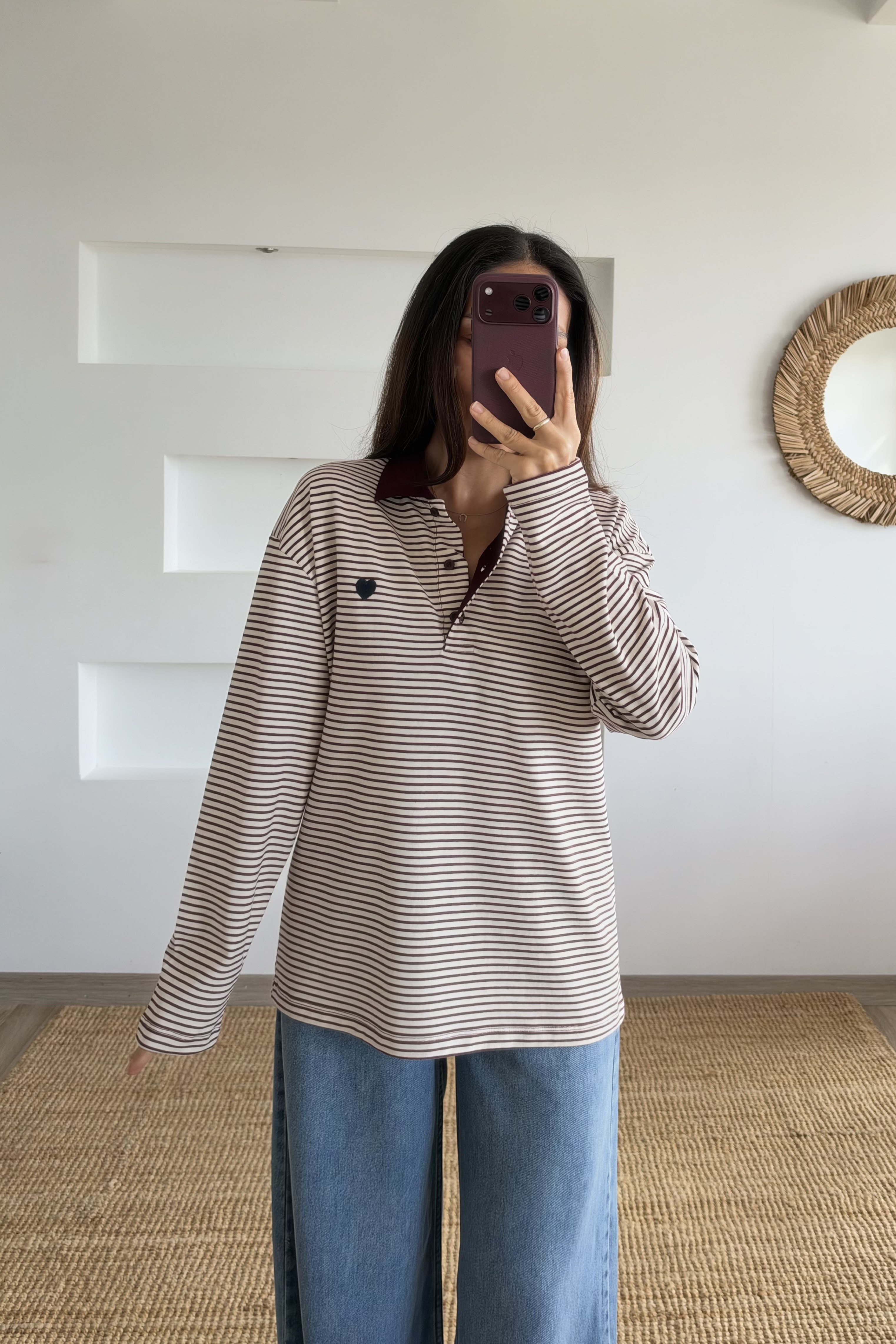 Bordo Çizgili Kalp Nakışlı Polo Yaka Sweat uygun fiyatlarda www.butikhola.com adresinde