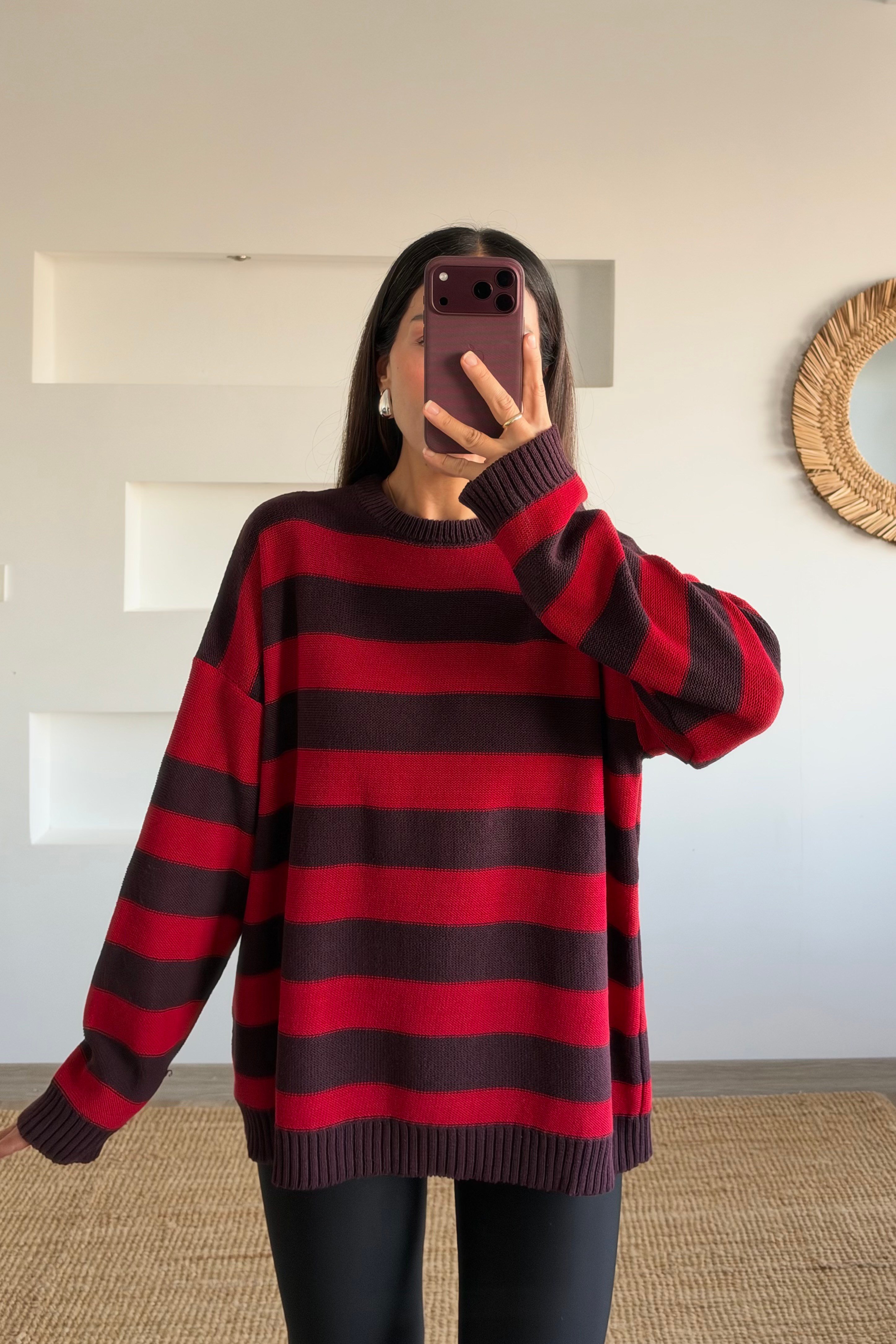 Bordo Çizgili Oversize Kazak uygun fiyatlarda www.butikhola.com adresinde