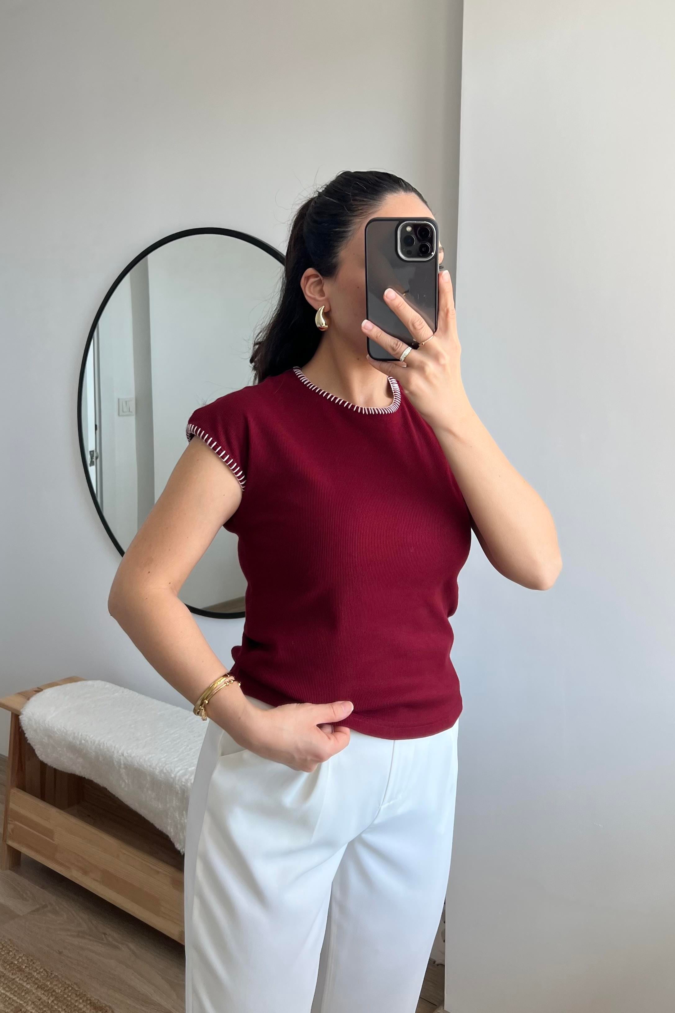 Bordo Dikiş Detaylı Fitilli Tshirt uygun fiyatlarda www.butikhola.com adresinde