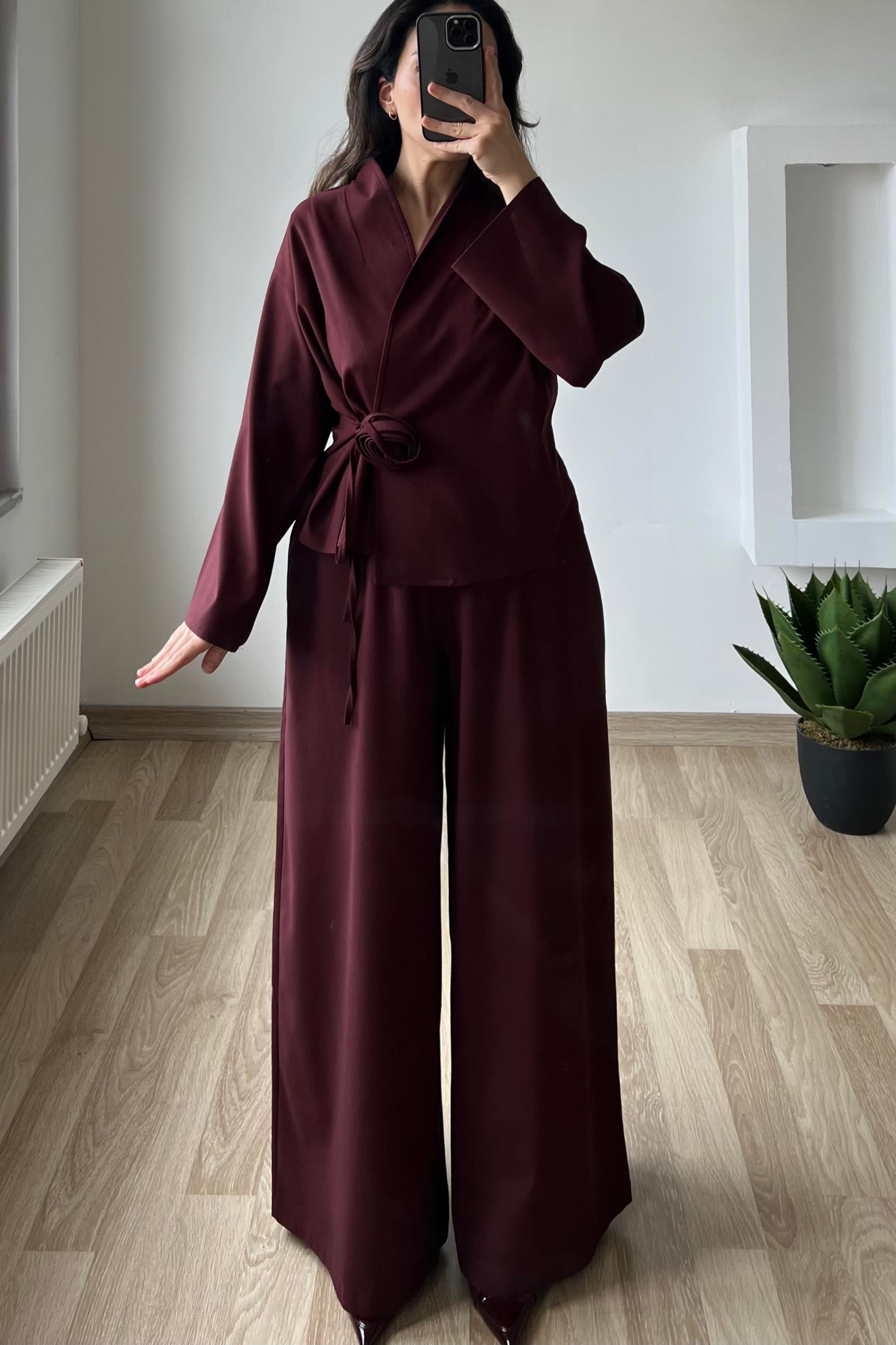 Bordo Elegans Kimono Pantolon Takım uygun fiyatlarda www.butikhola.com adresinde