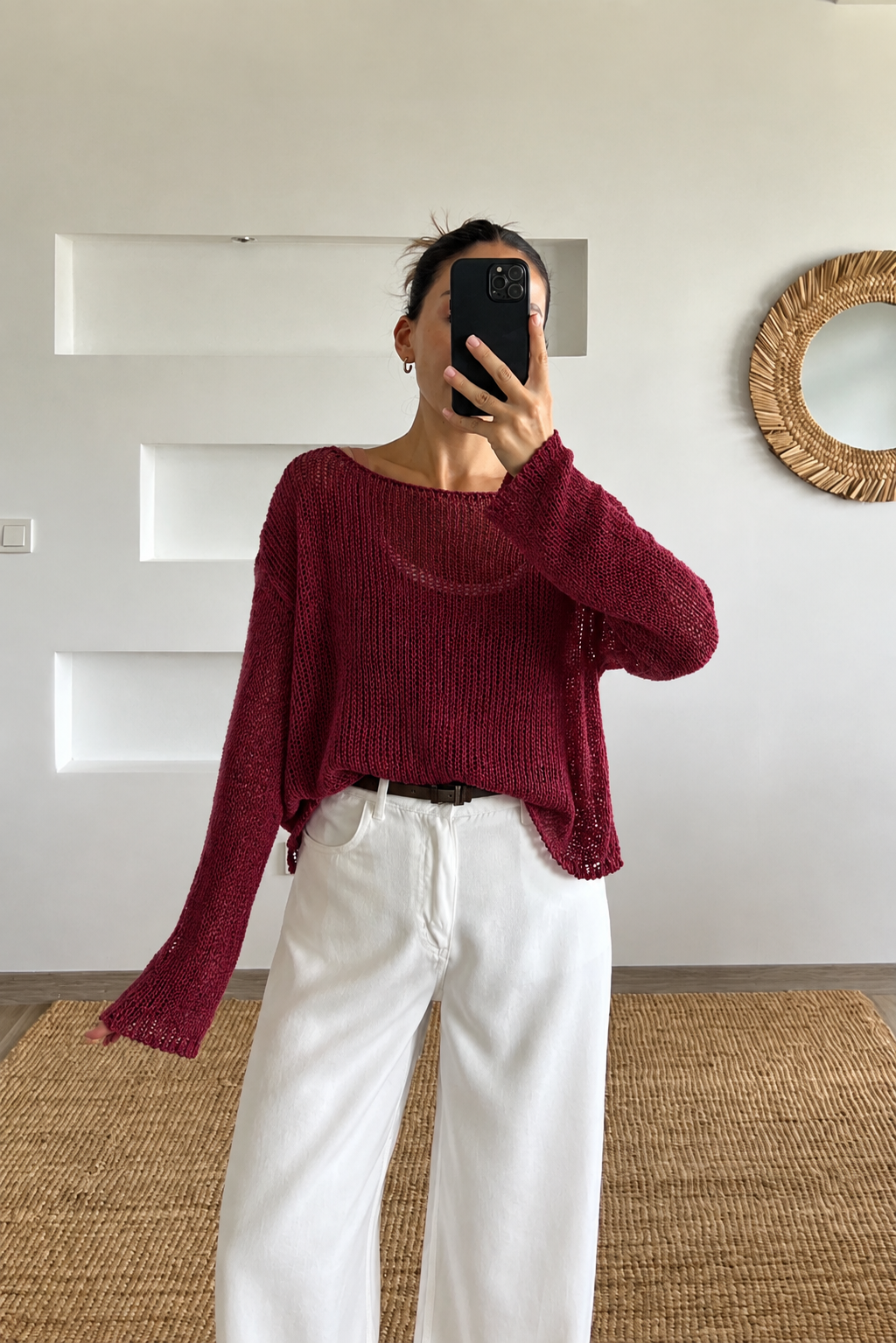 Bordo Kayık Yaka Ajurlu Bluz uygun fiyatlarda www.butikhola.com adresinde
