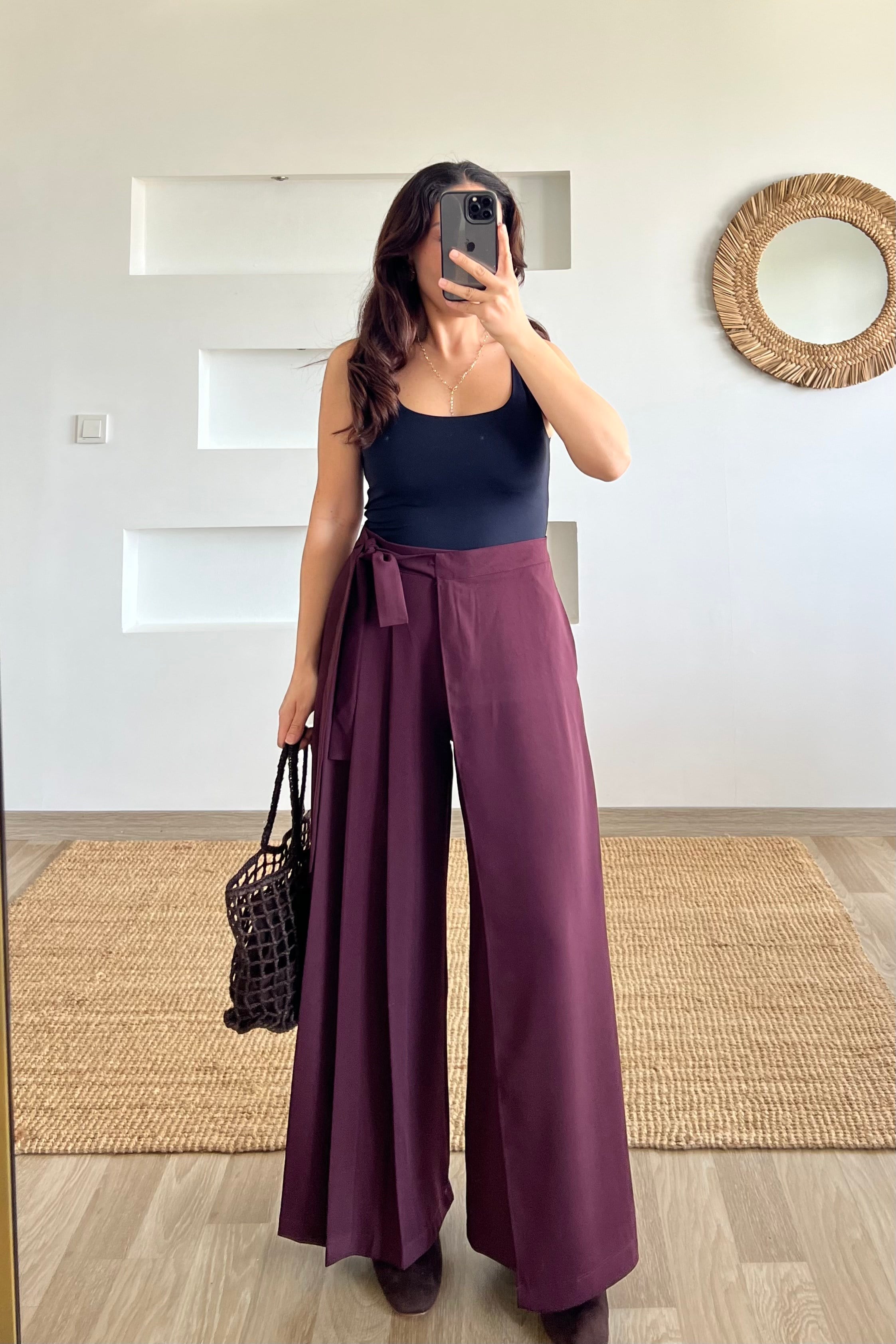 Bordo Kendinden Kuşaklı Pileli Pantolon uygun fiyatlarda www.butikhola.com adresinde