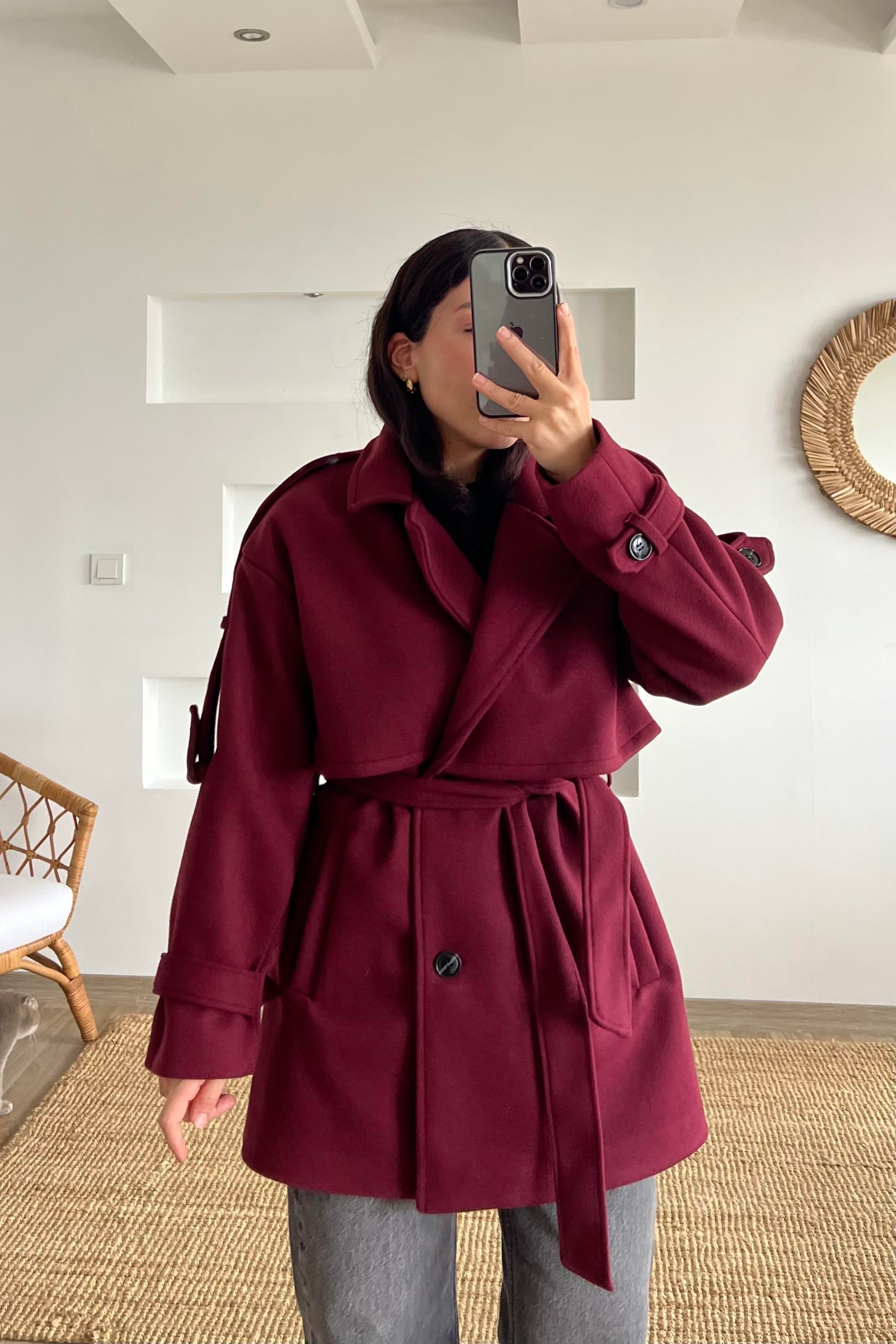 Bordo Kuşaklı Ara Boy Kaşe Kaban uygun fiyatlarda www.butikhola.com adresinde