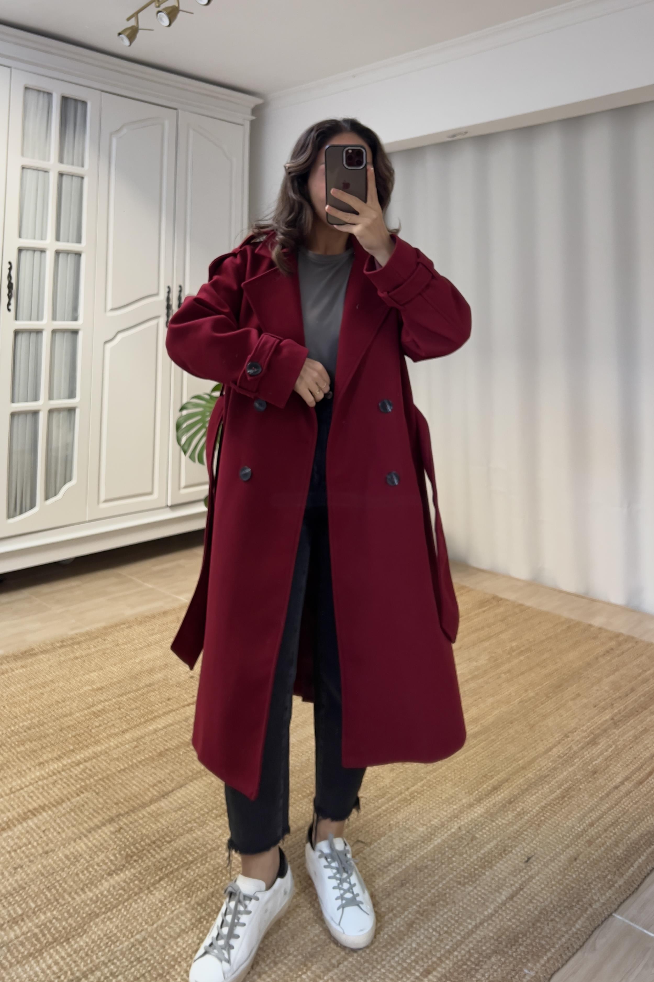 Bordo Kuşaklı Premium Kaban uygun fiyatlarda www.butikhola.com adresinde