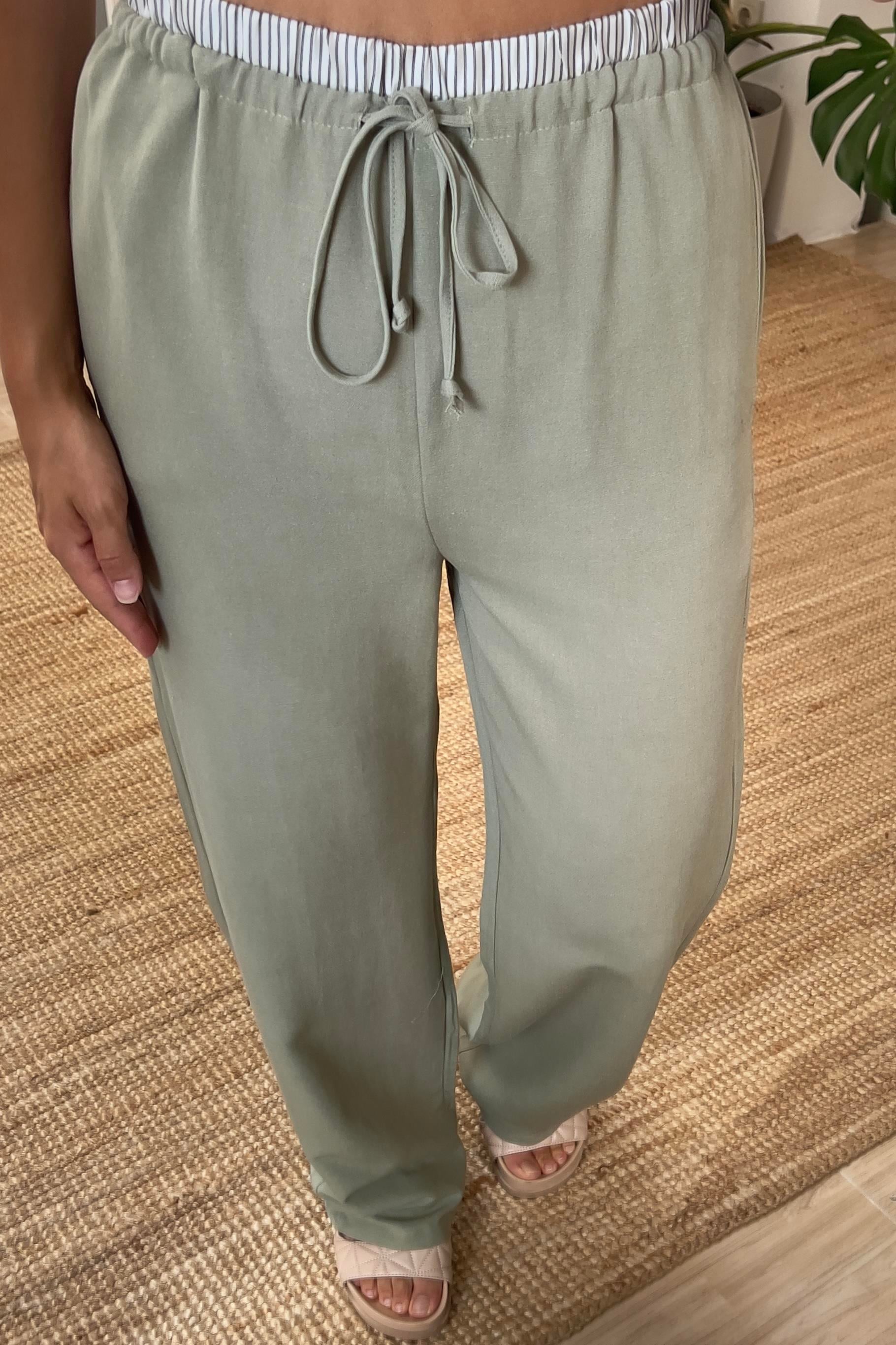 Çağla Yeşili Bel Detaylı Keten Pantolon uygun fiyatlarda www.butikhola.com adresinde
