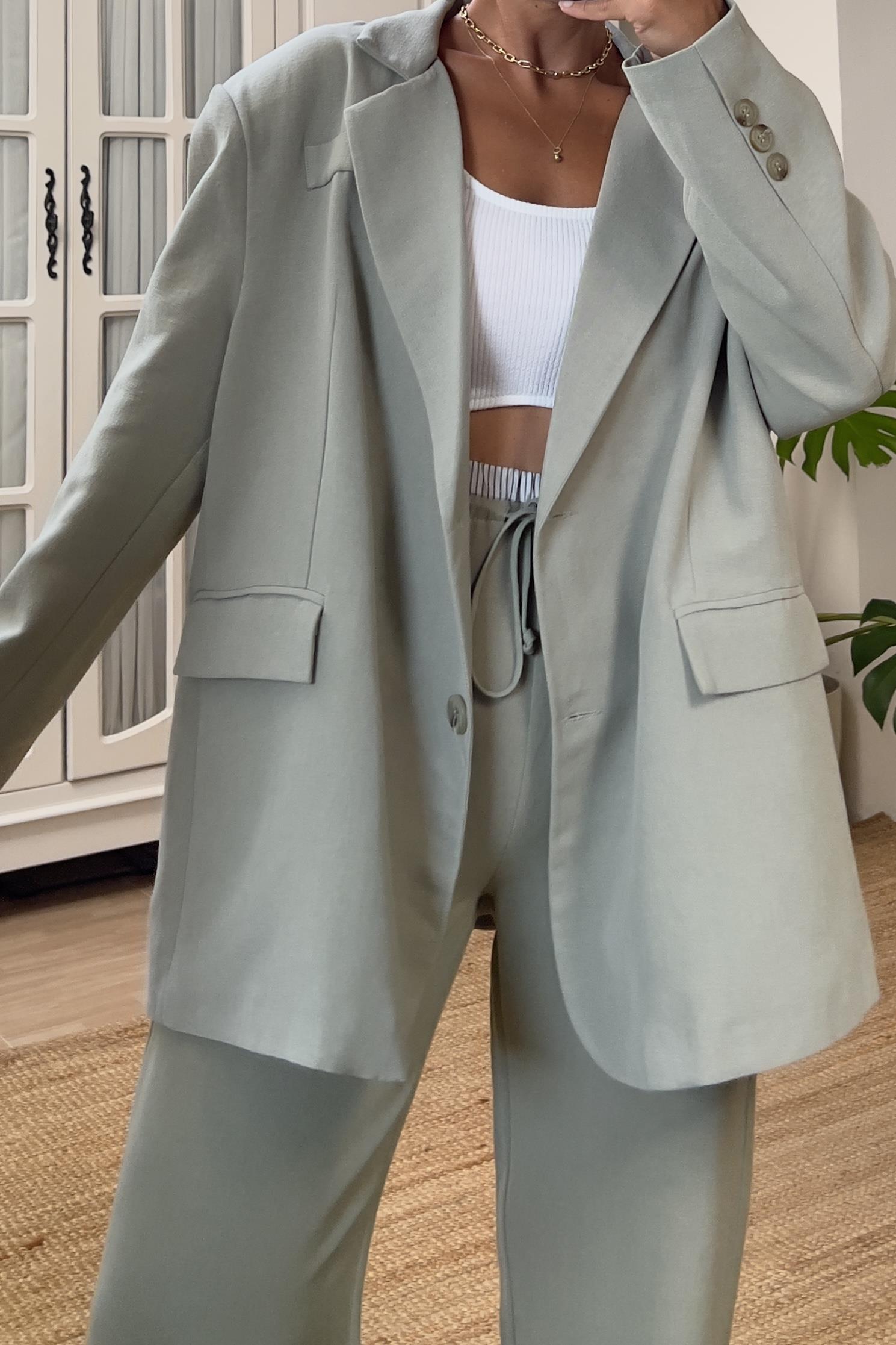 Çağla Yeşili Vatkalı Oversize Keten Blazer Ceket uygun fiyatlarda www.butikhola.com adresinde