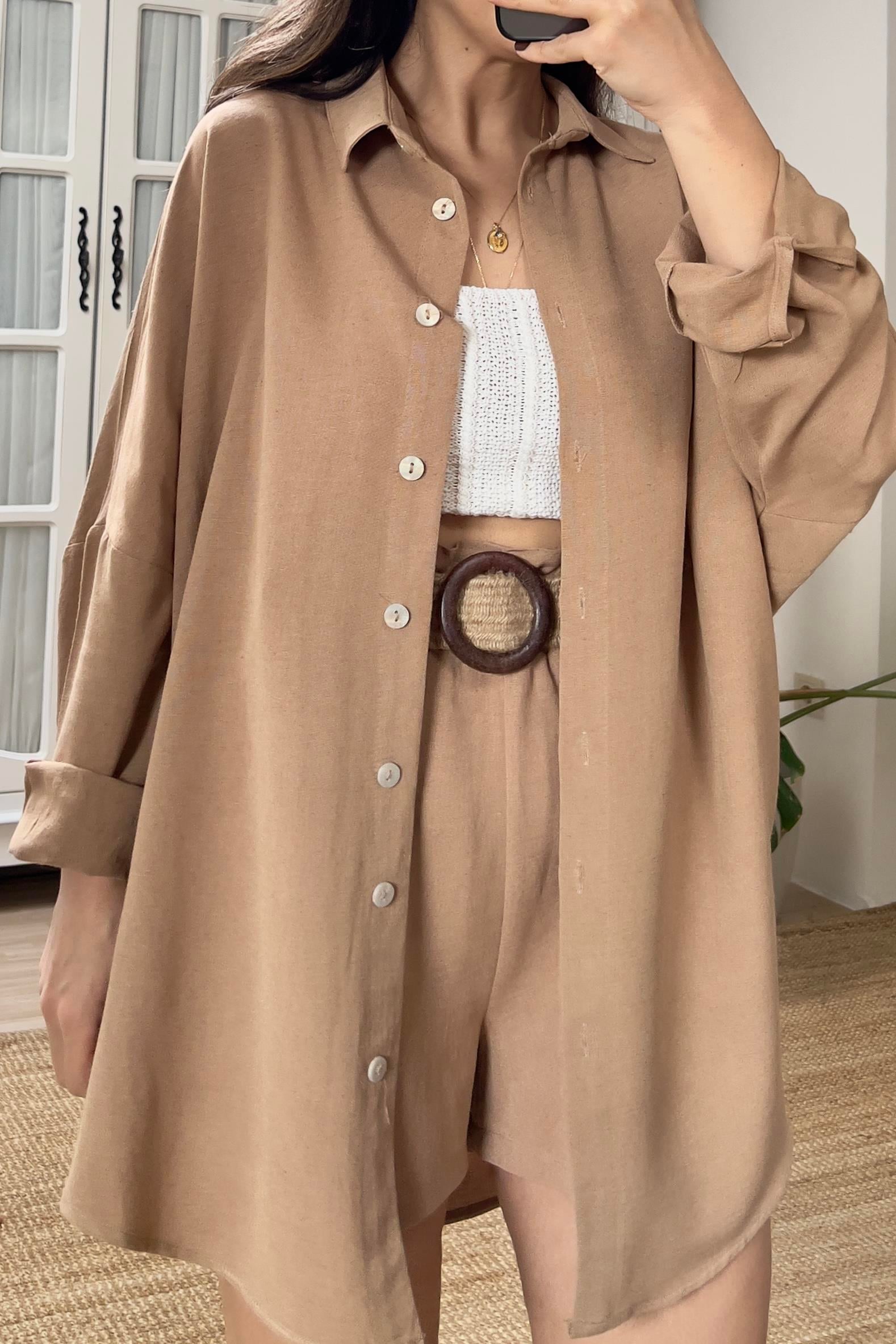 Camel Oversize Keten Gömlek  uygun fiyatlarda www.butikhola.com adresinde
