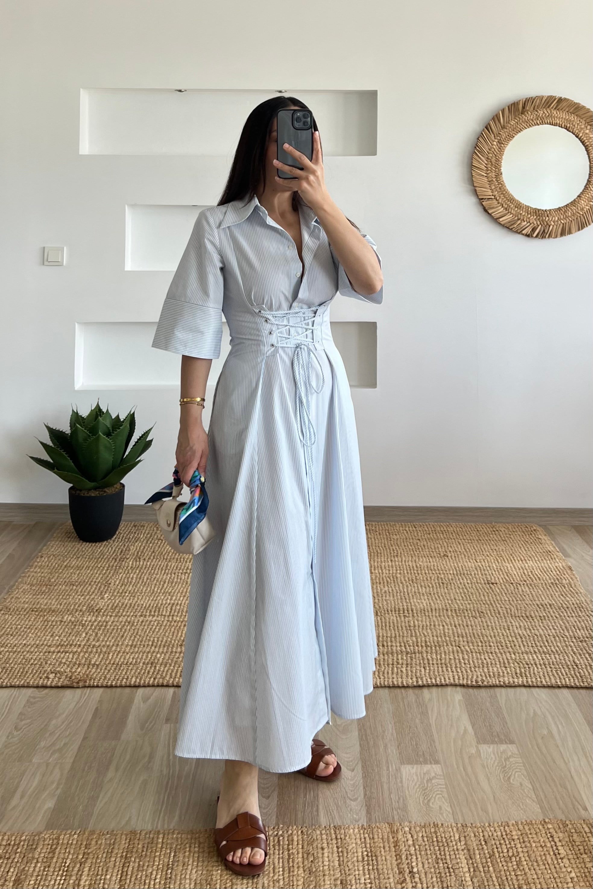 Çizgili Korse Detaylı Gömlek Elbise uygun fiyatlarda www.butikhola.com adresinde