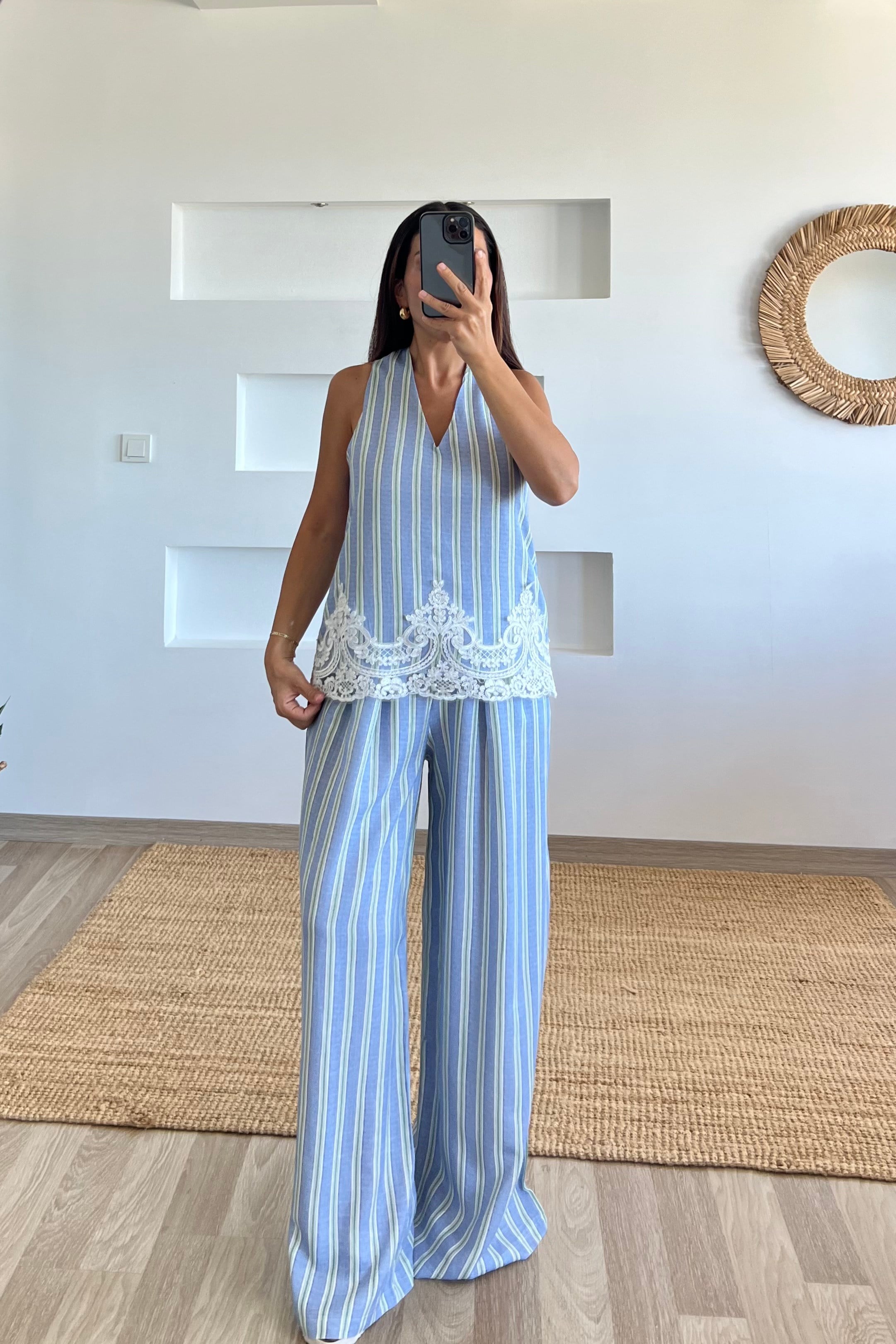 Dantel Detaylı Mavi Çizgli Palazzo Pantolon Takım uygun fiyatlarda www.butikhola.com adresinde