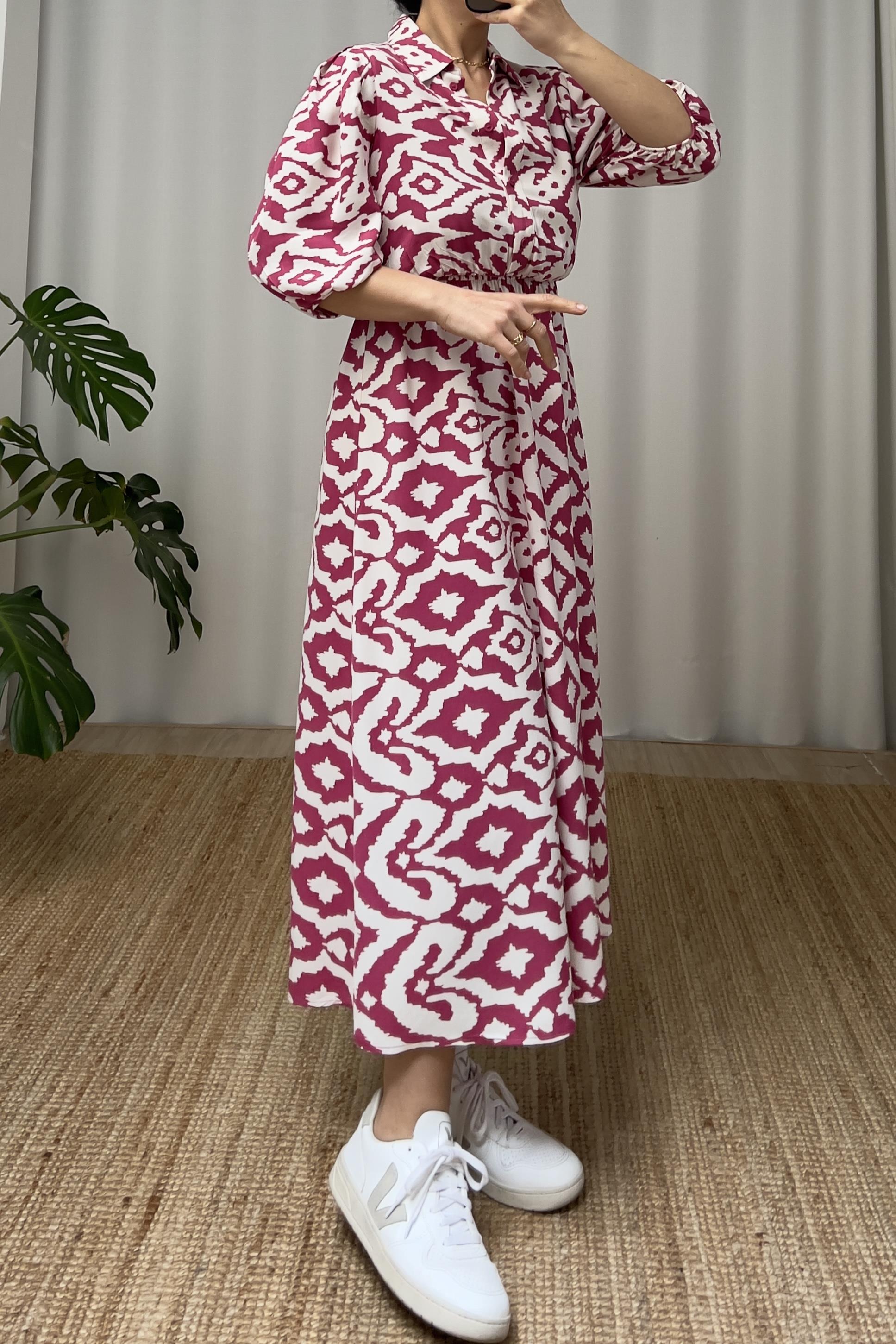Desenli Beli Gipeli Elbise uygun fiyatlarda www.butikhola.com adresinde