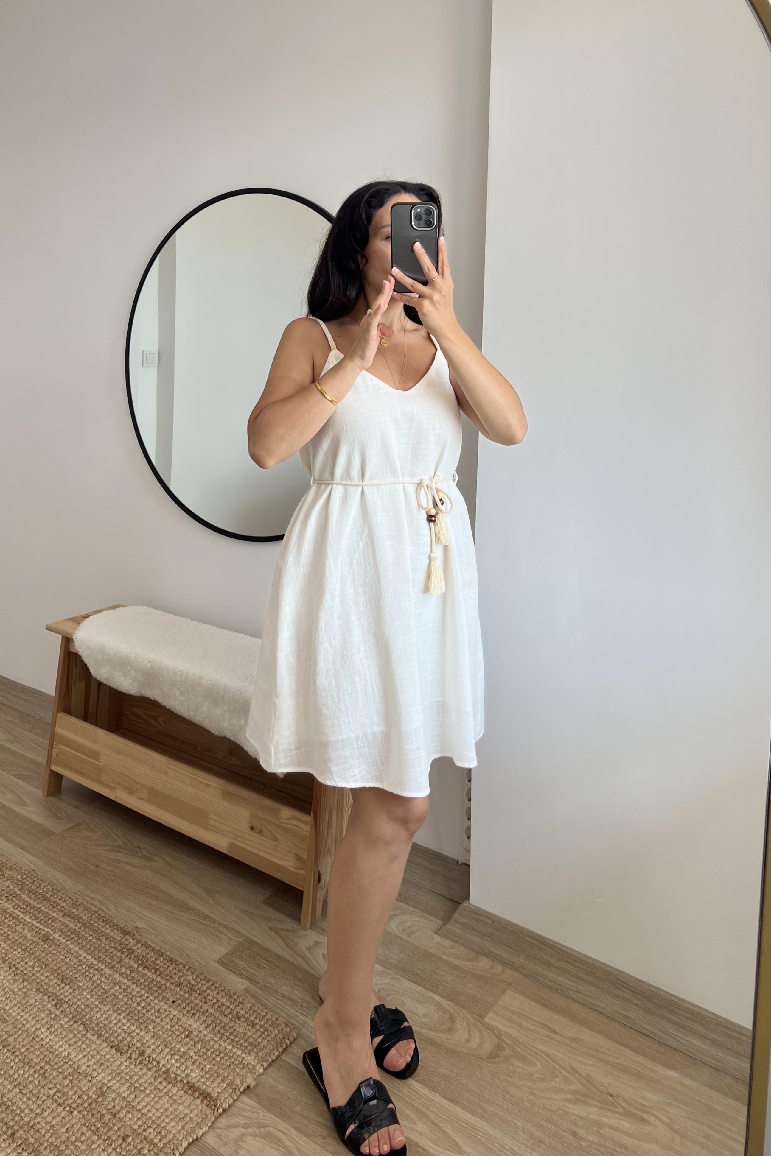 Ekru Askılı Astarlı Keten Elbise uygun fiyatlarda www.butikhola.com adresinde