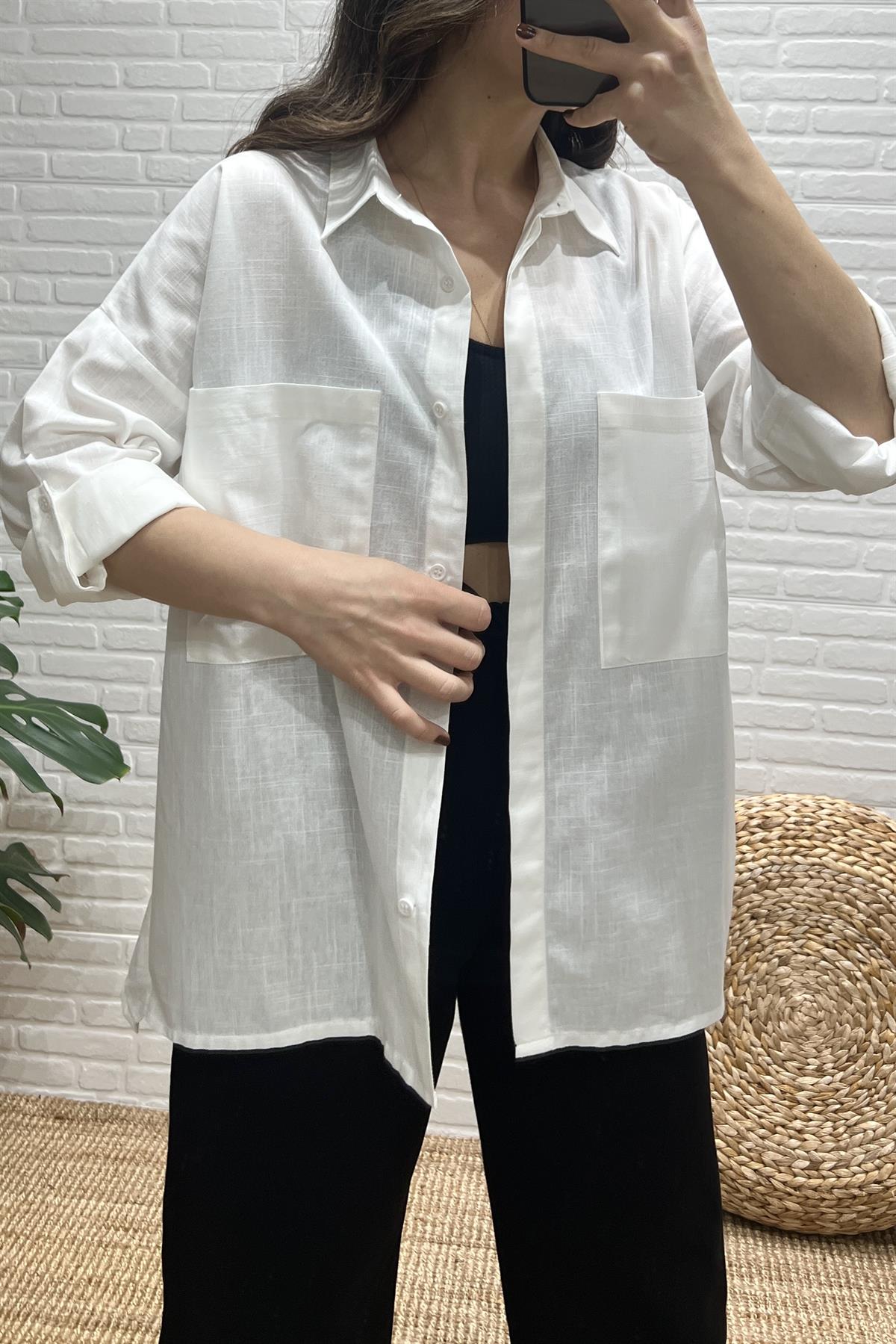 Ekru Çift Cep Kol Katlama Detaylı Keten Gömlek uygun fiyatlarda www.butikhola.com adresinde