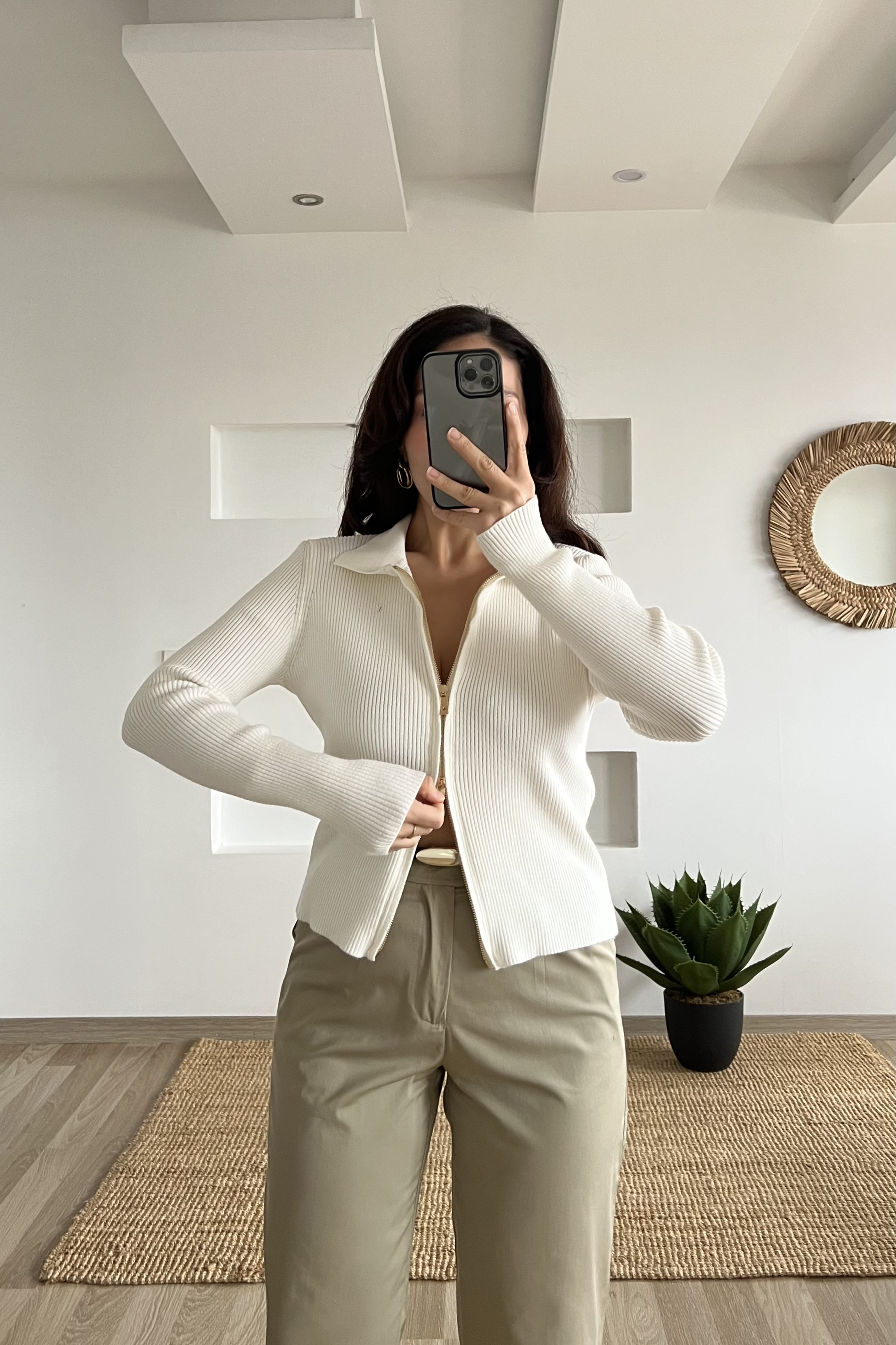 Ekru Çift Fermuarlı Polo Yaka Hırka uygun fiyatlarda www.butikhola.com adresinde