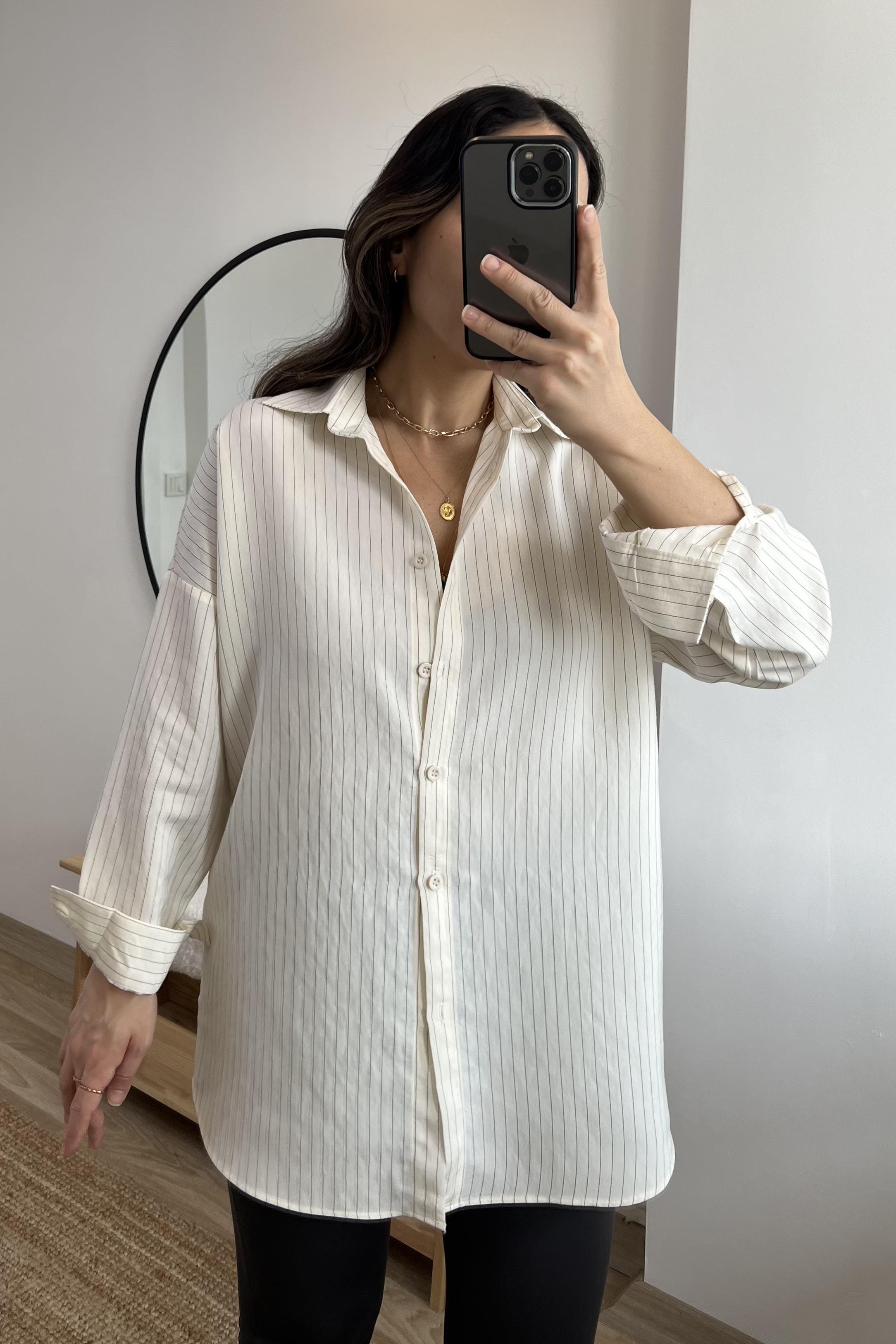 Ekru Çizgili Dökümlü Tensel Gömlek uygun fiyatlarda www.butikhola.com adresinde