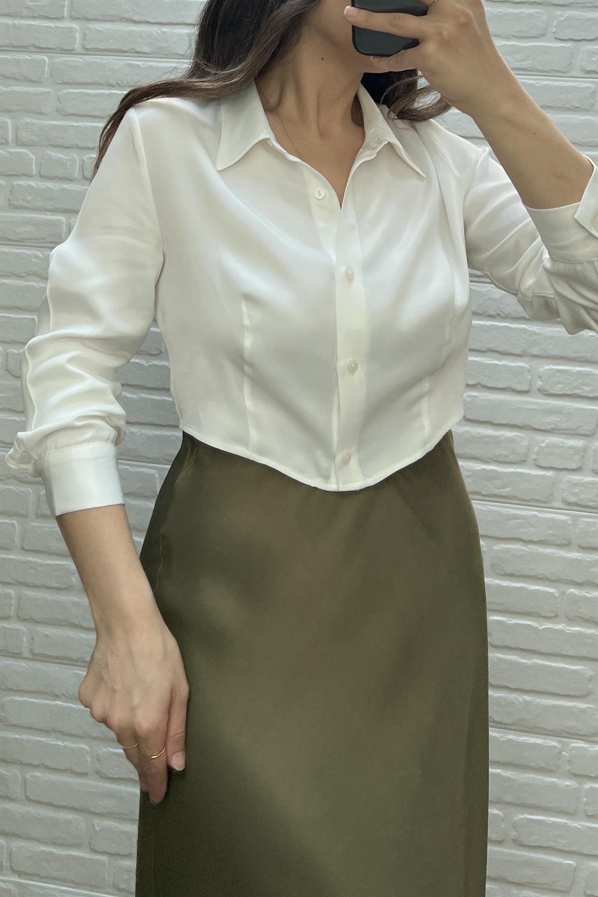 Ekru Crop Saten Gömlek  uygun fiyatlarda www.butikhola.com adresinde