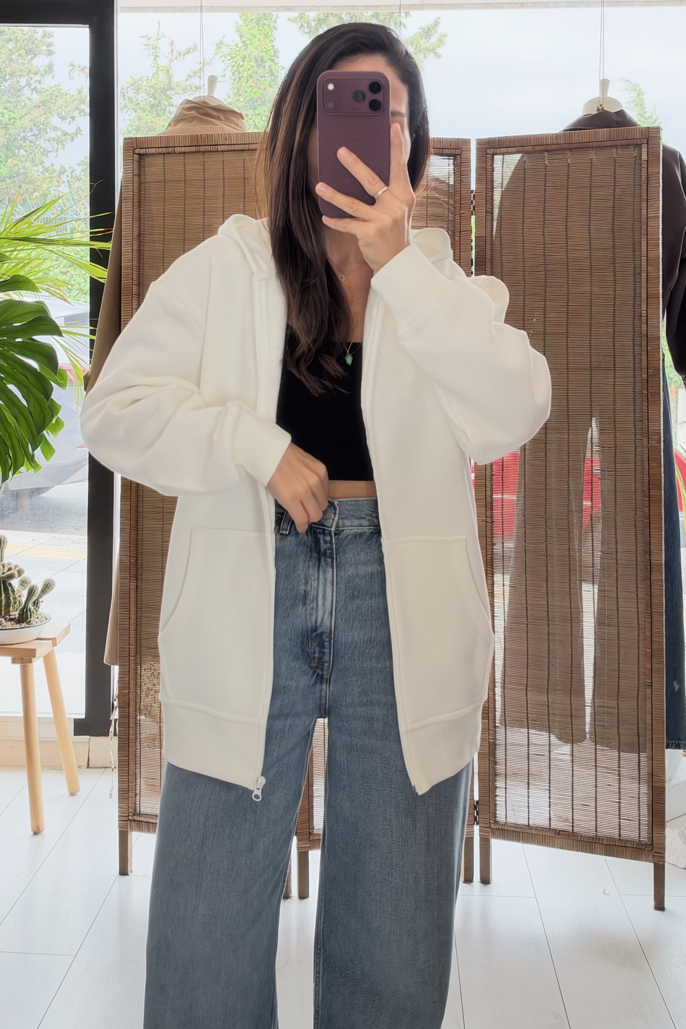 Ekru Kapüşonlu Fermuarlı Sweat Hırka uygun fiyatlarda www.butikhola.com adresinde