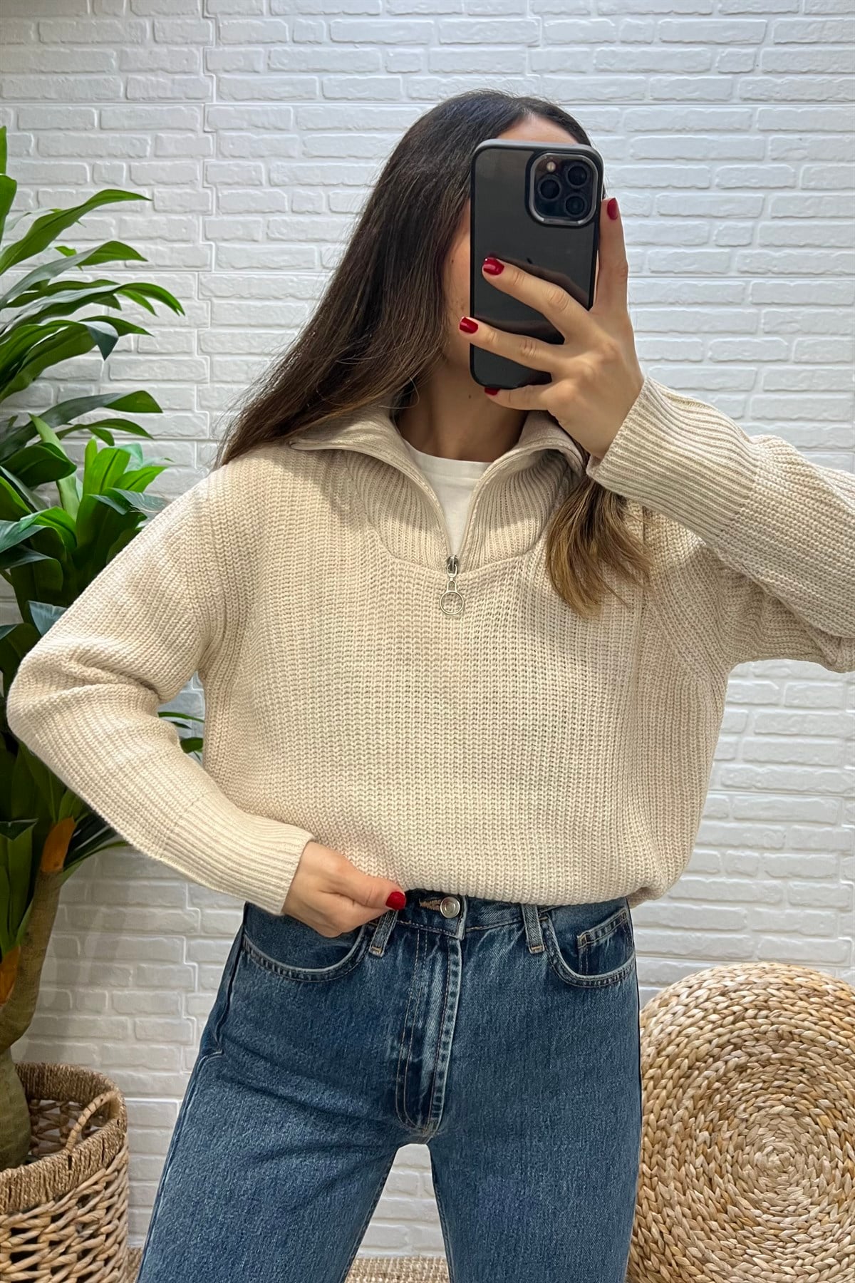 Ekru Yarım Fermuarlı Kazak uygun fiyatlarda www.butikhola.com adresinde