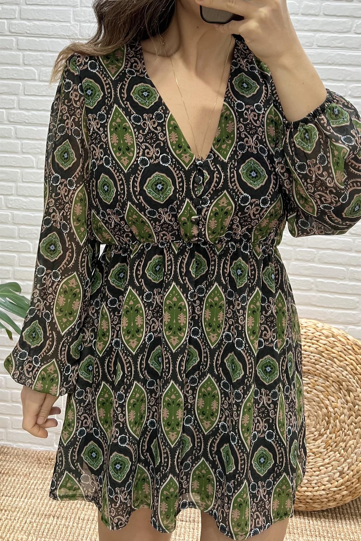 Etnik Desenli Beli Lastikli Astarlı Şifon Elbise uygun fiyatlarda www.butikhola.com adresinde
