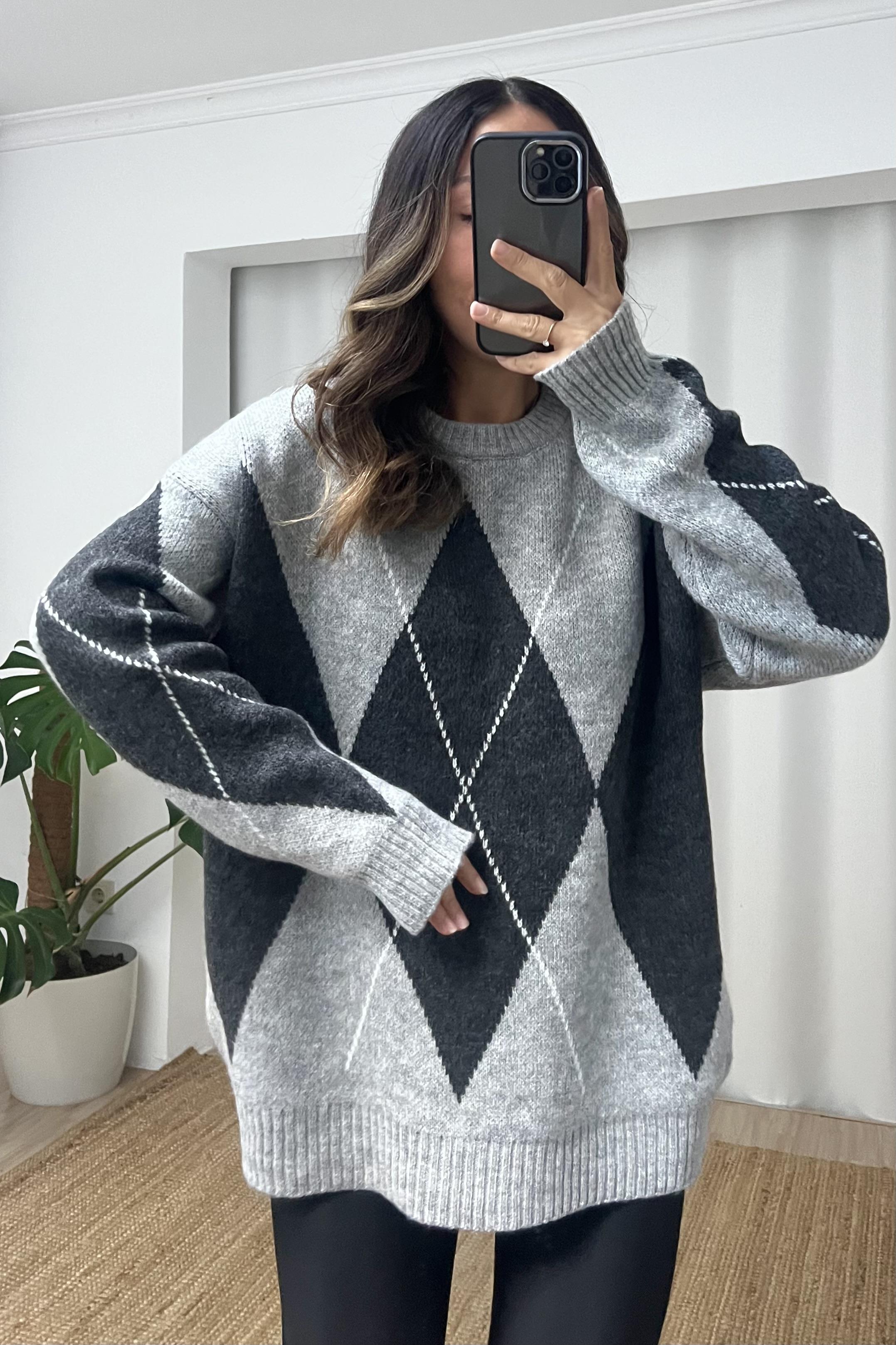 Gri Antrasit Baklava Desenli Kazak uygun fiyatlarda www.butikhola.com adresinde