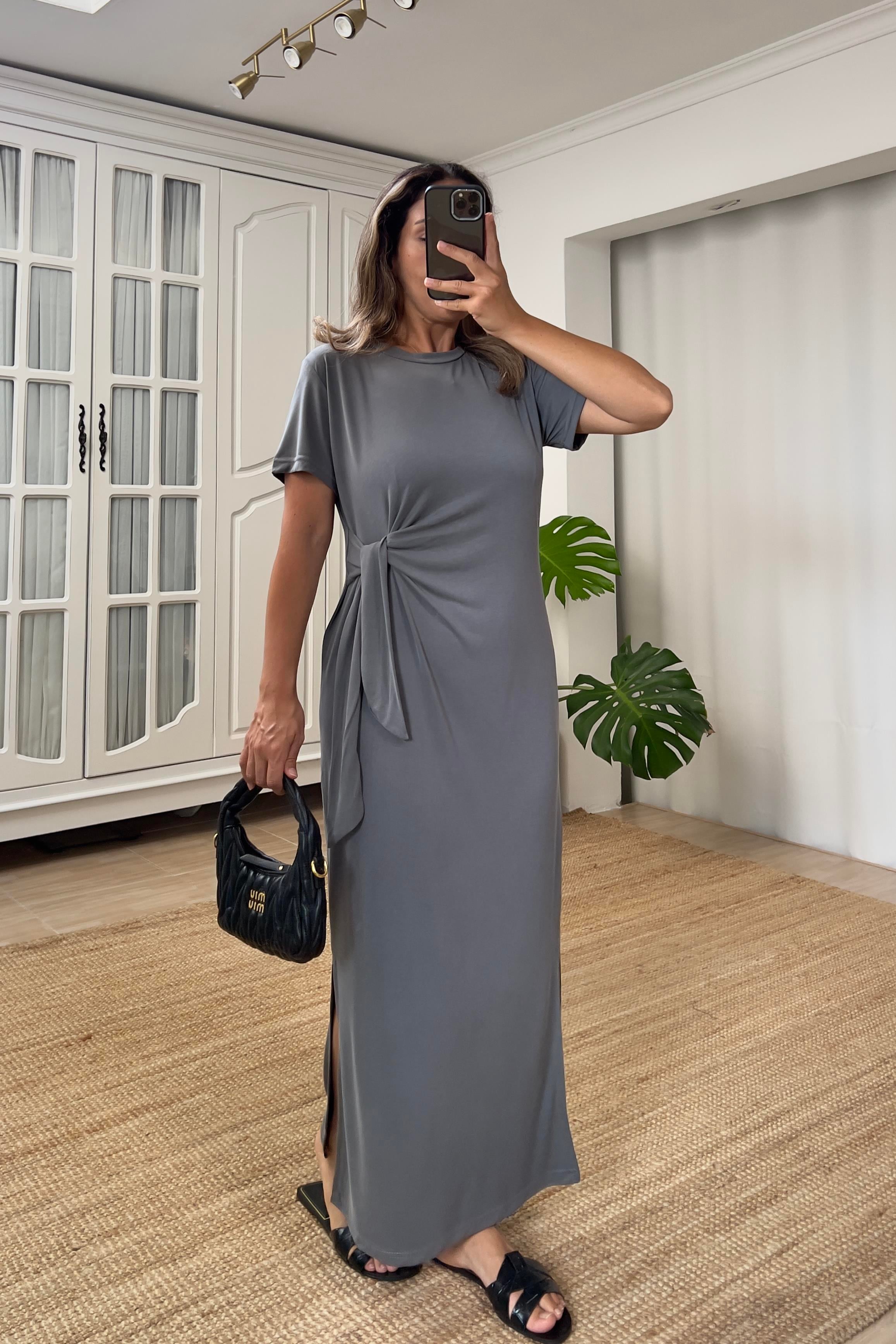 Gri Bağlama Detaylı Yırtmaçlı Modal Elbise  uygun fiyatlarda www.butikhola.com adresinde