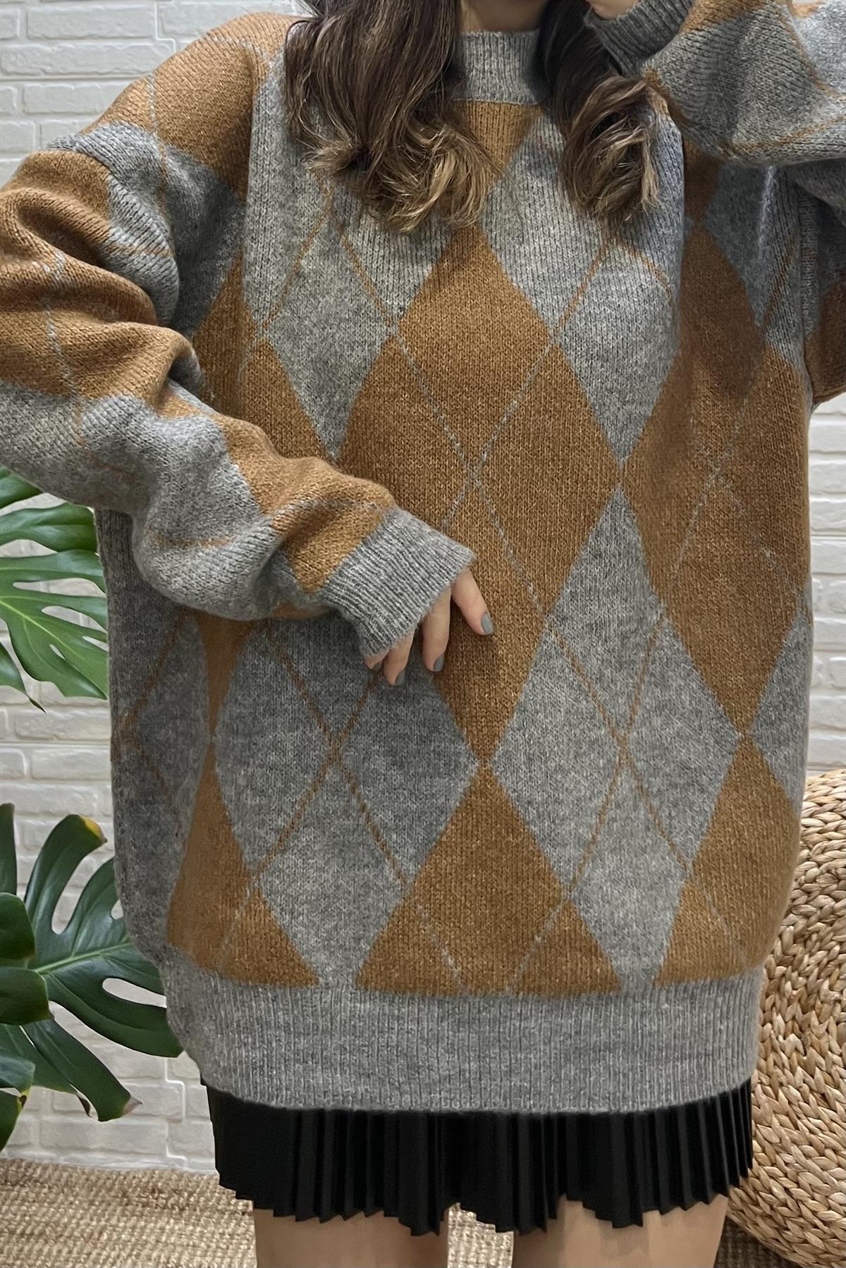 Gri Camel Baklava Desenli Kazak uygun fiyatlarda www.butikhola.com adresinde