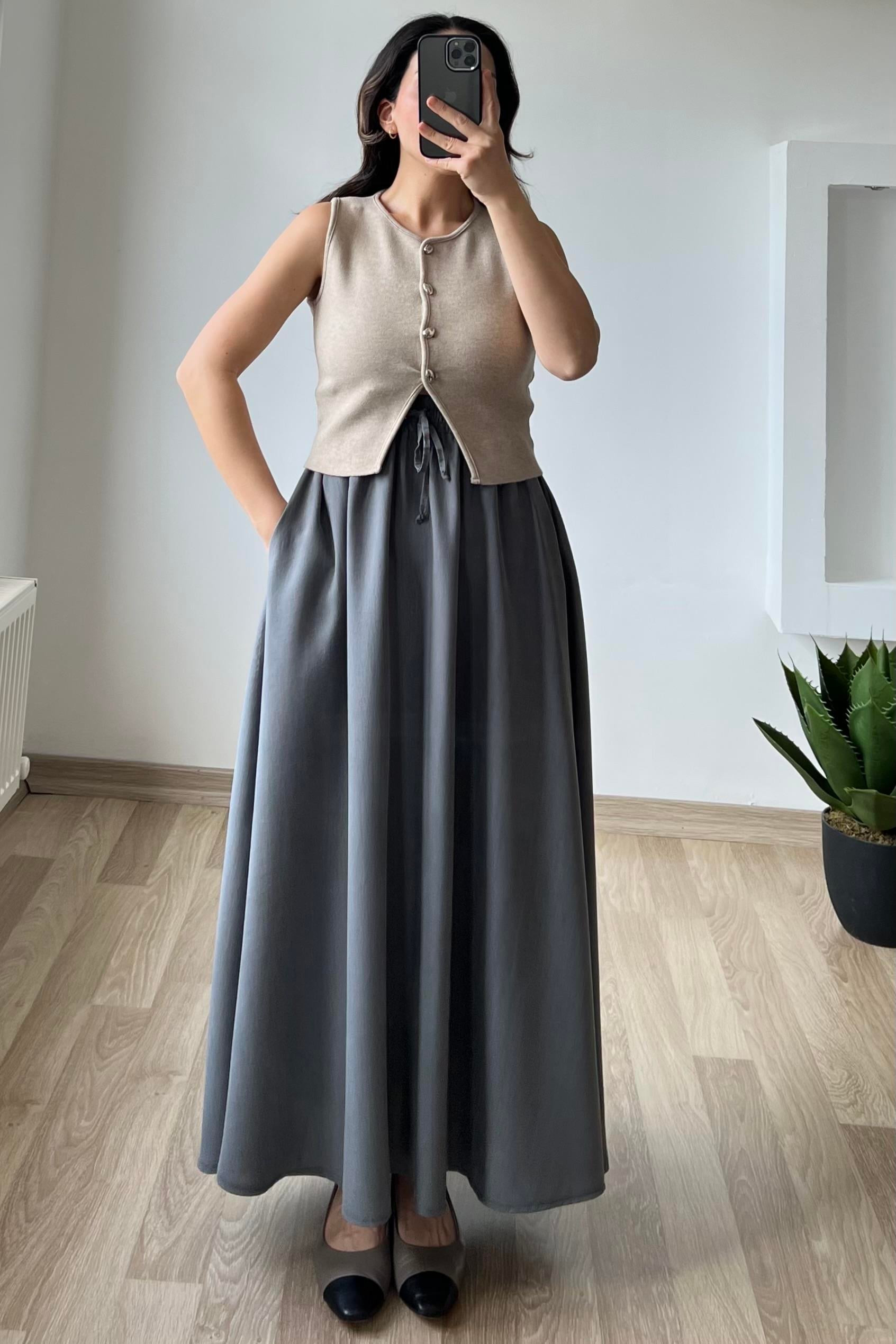 Gri Cepli Tensel Etek  uygun fiyatlarda www.butikhola.com adresinde