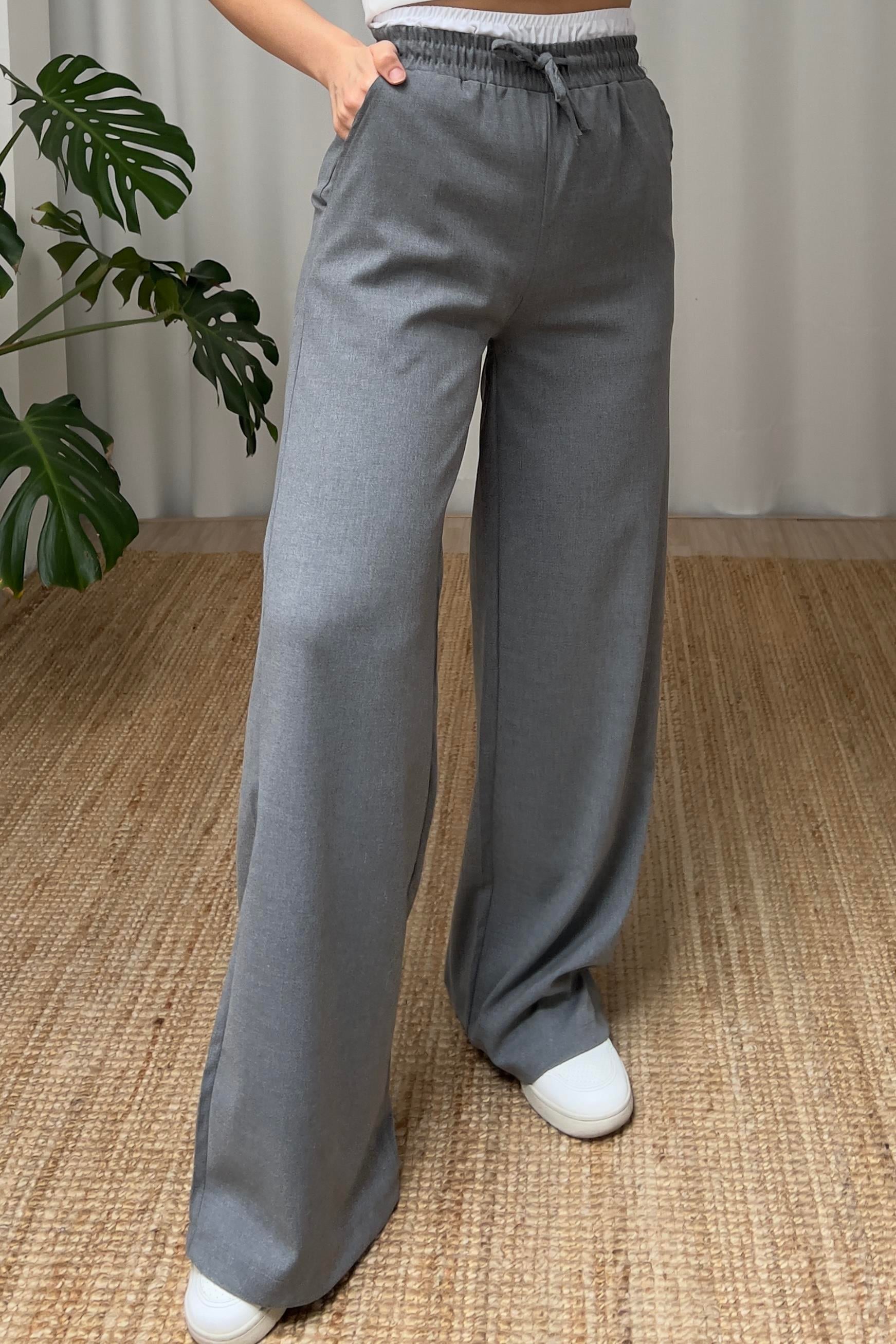 Gri Çift Bel Detaylı Palazzo Pantolon uygun fiyatlarda www.butikhola.com adresinde