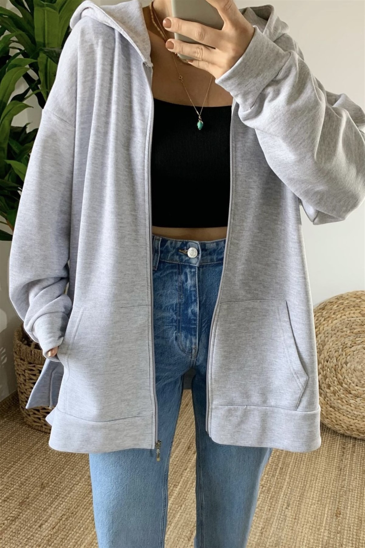 Gri Fermuarlı Sweat Hırka uygun fiyatlarda www.butikhola.com adresinde