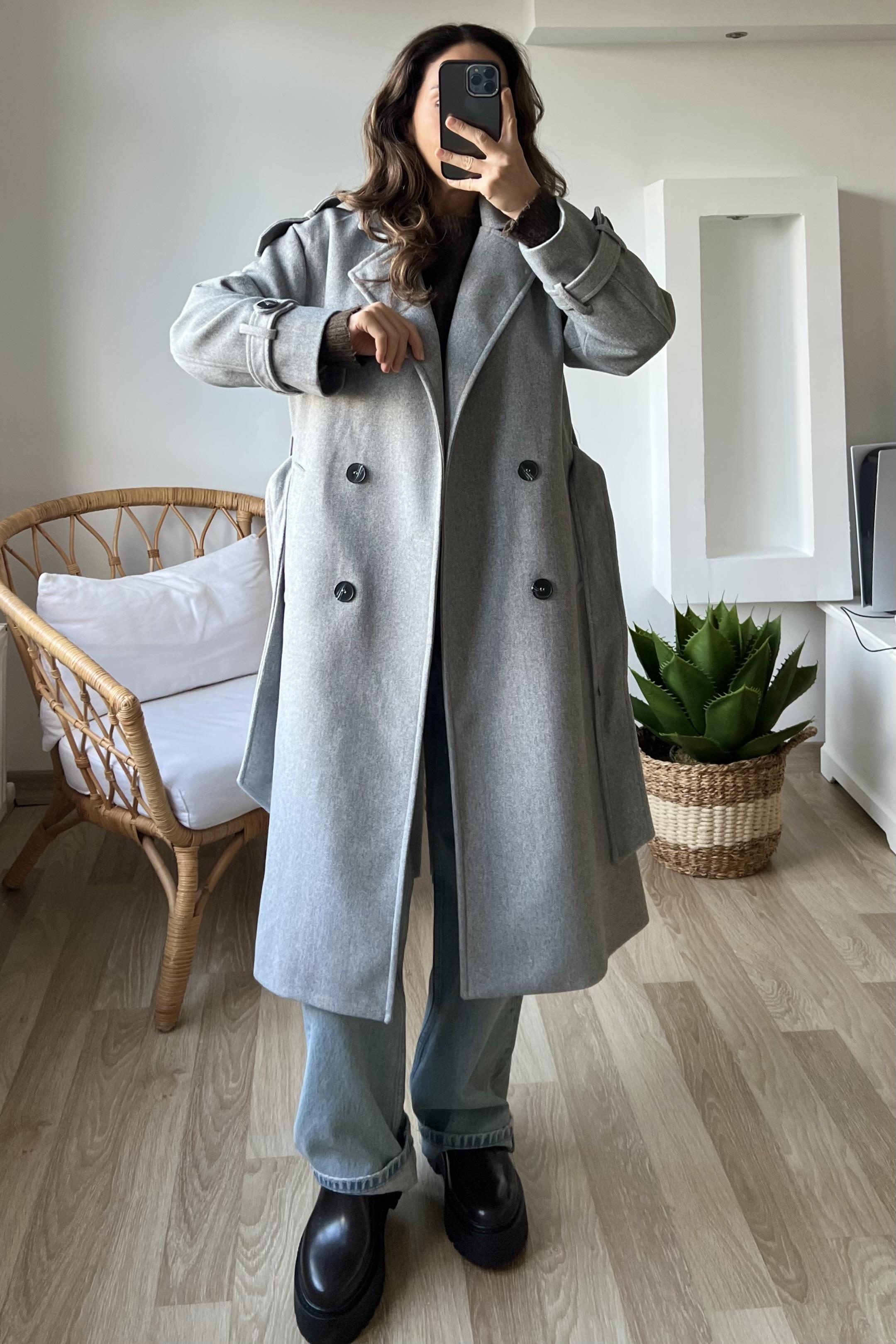 Gri Kuşaklı Premium Kaban uygun fiyatlarda www.butikhola.com adresinde
