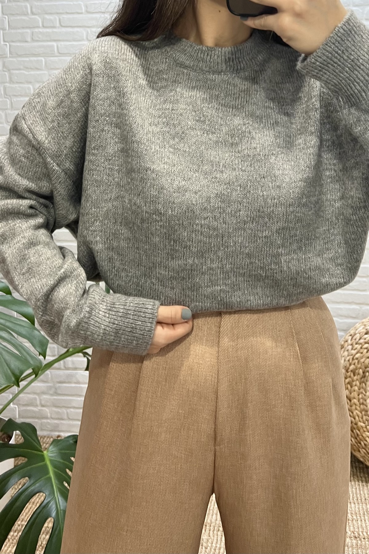 Gri Oversize Basic Kazak uygun fiyatlarda www.butikhola.com adresinde