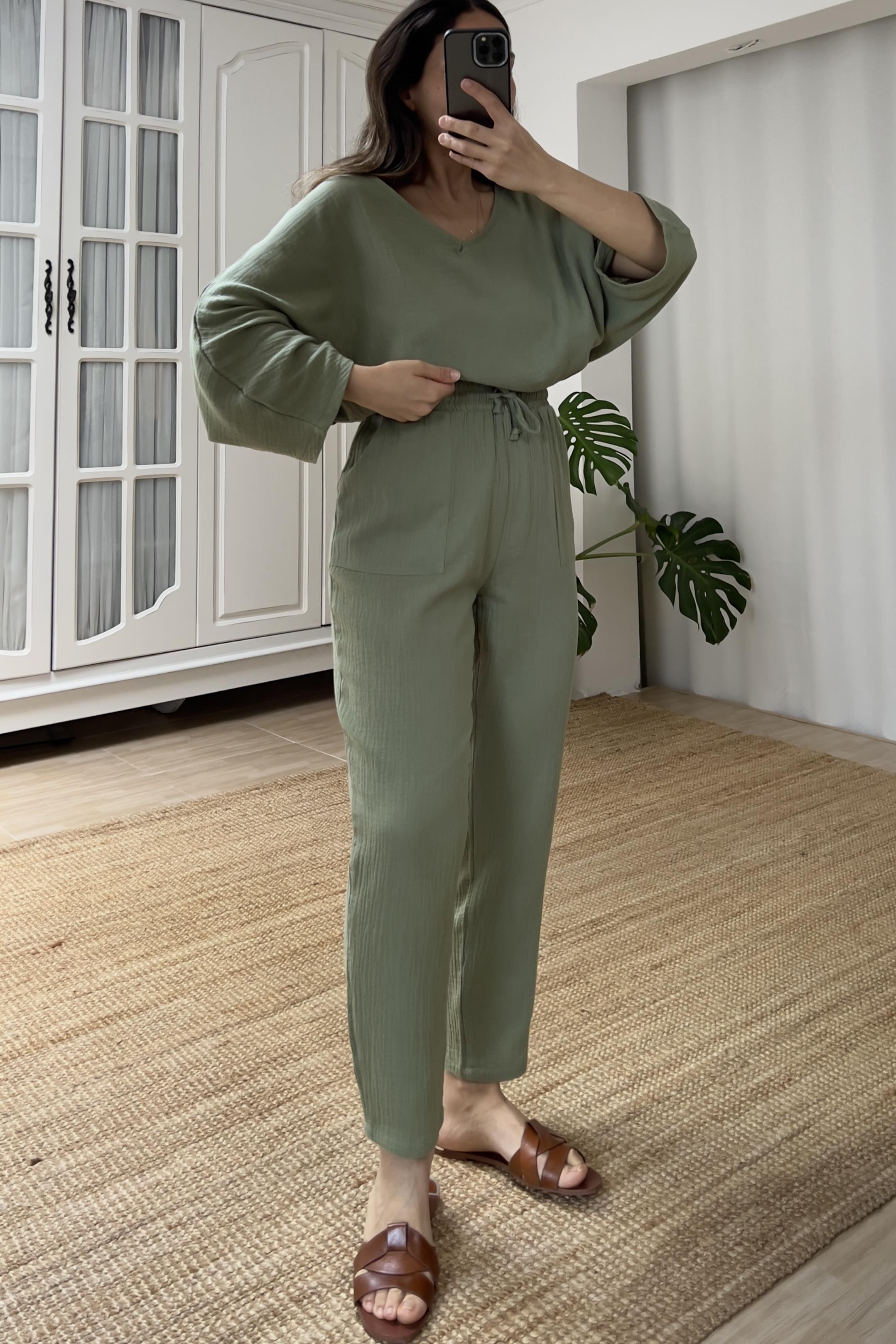 Haki Bluz Pantolon Müslin Takım uygun fiyatlarda www.butikhola.com adresinde
