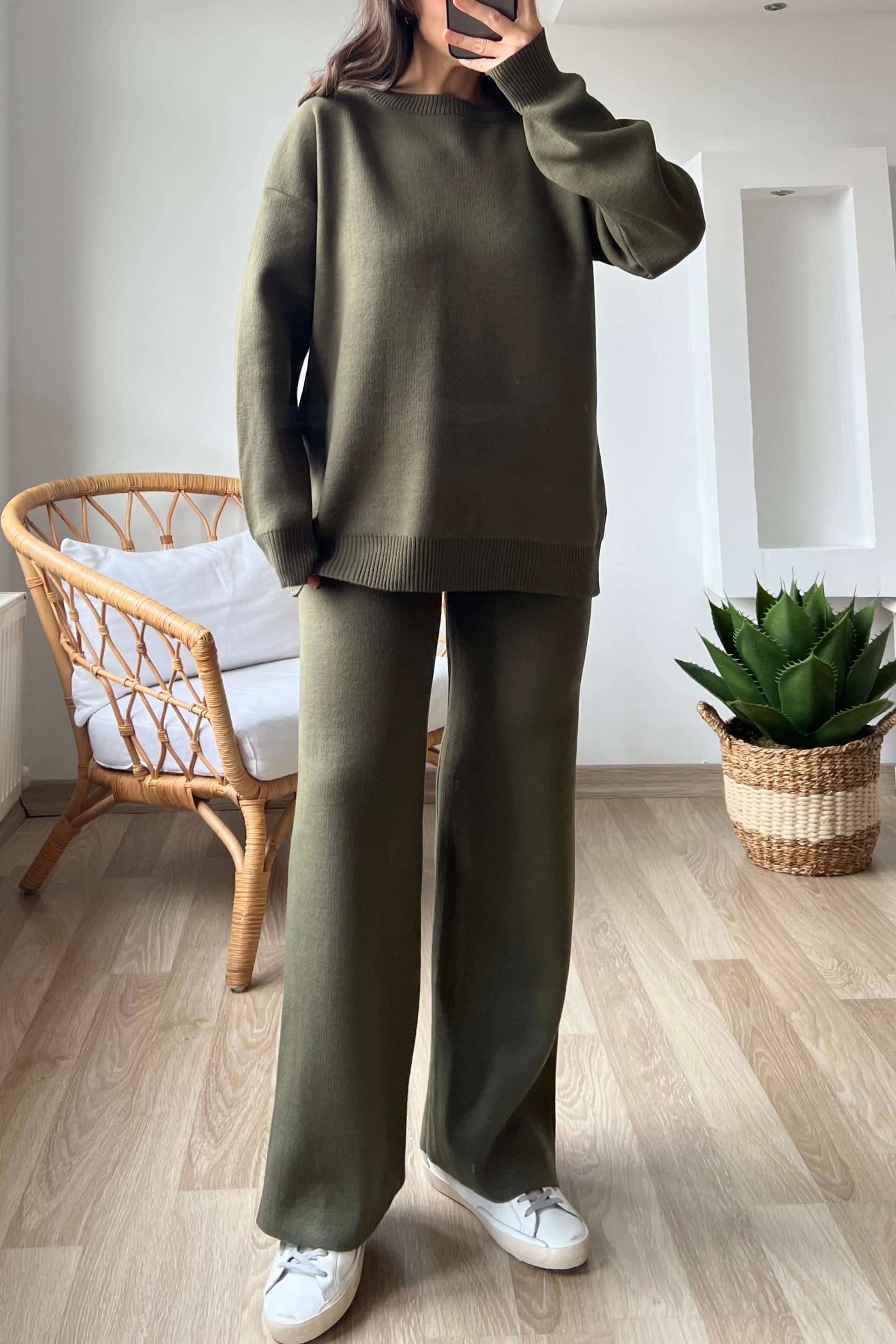 Haki Çelik Örme Triko Takım uygun fiyatlarda www.butikhola.com adresinde