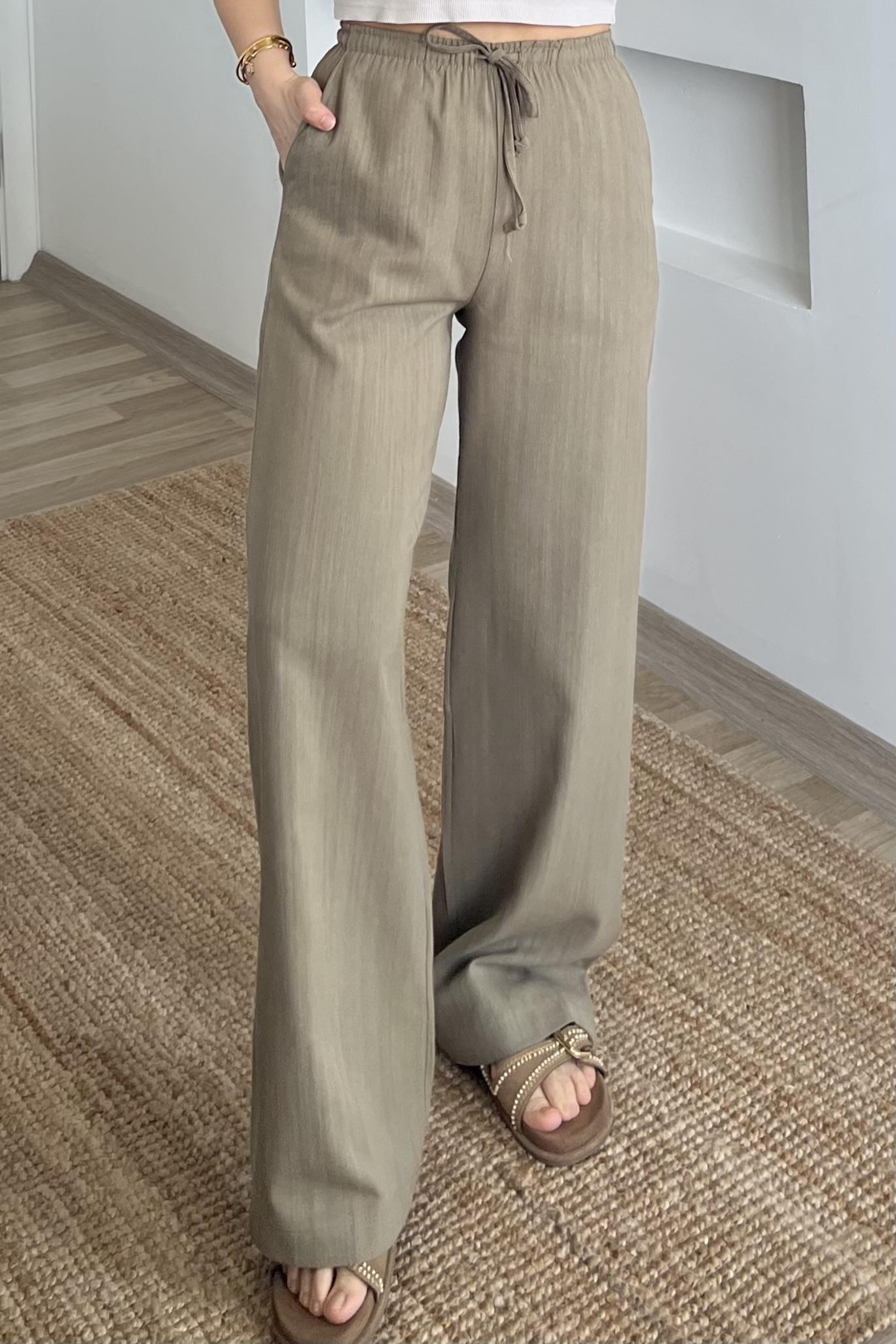 Haki Düz Kesim Keten Pantolon uygun fiyatlarda www.butikhola.com adresinde
