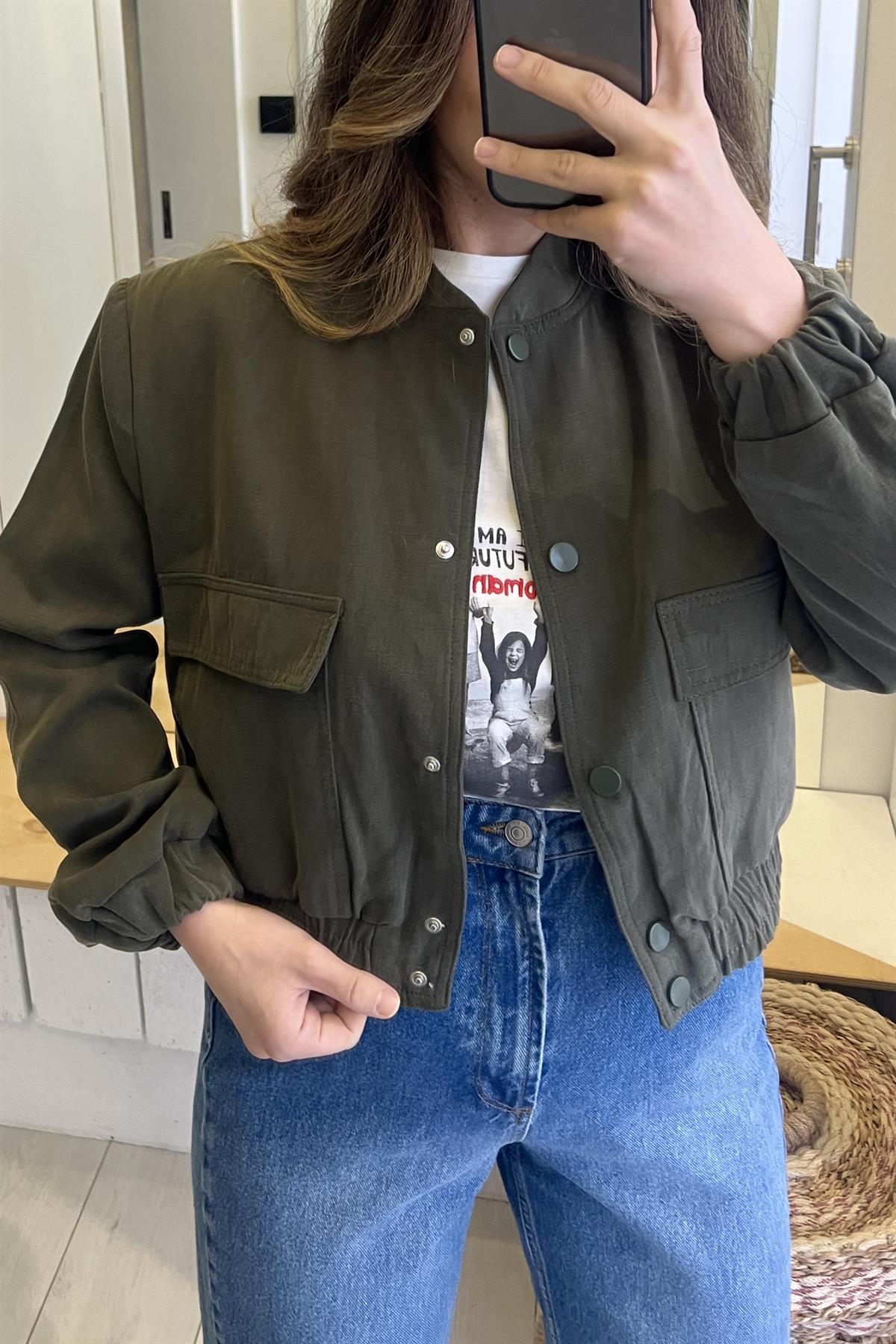 Haki Keten Dokulu Bomber Ceket uygun fiyatlarda www.butikhola.com adresinde