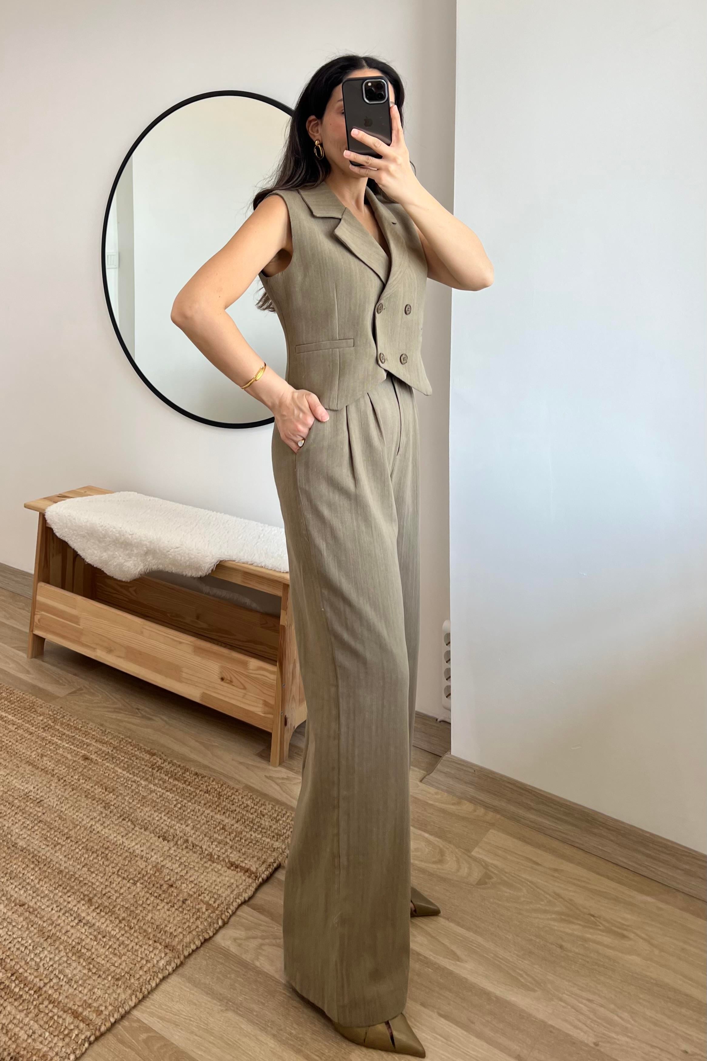Haki Minimal Yelek Pantolon Takım uygun fiyatlarda www.butikhola.com adresinde