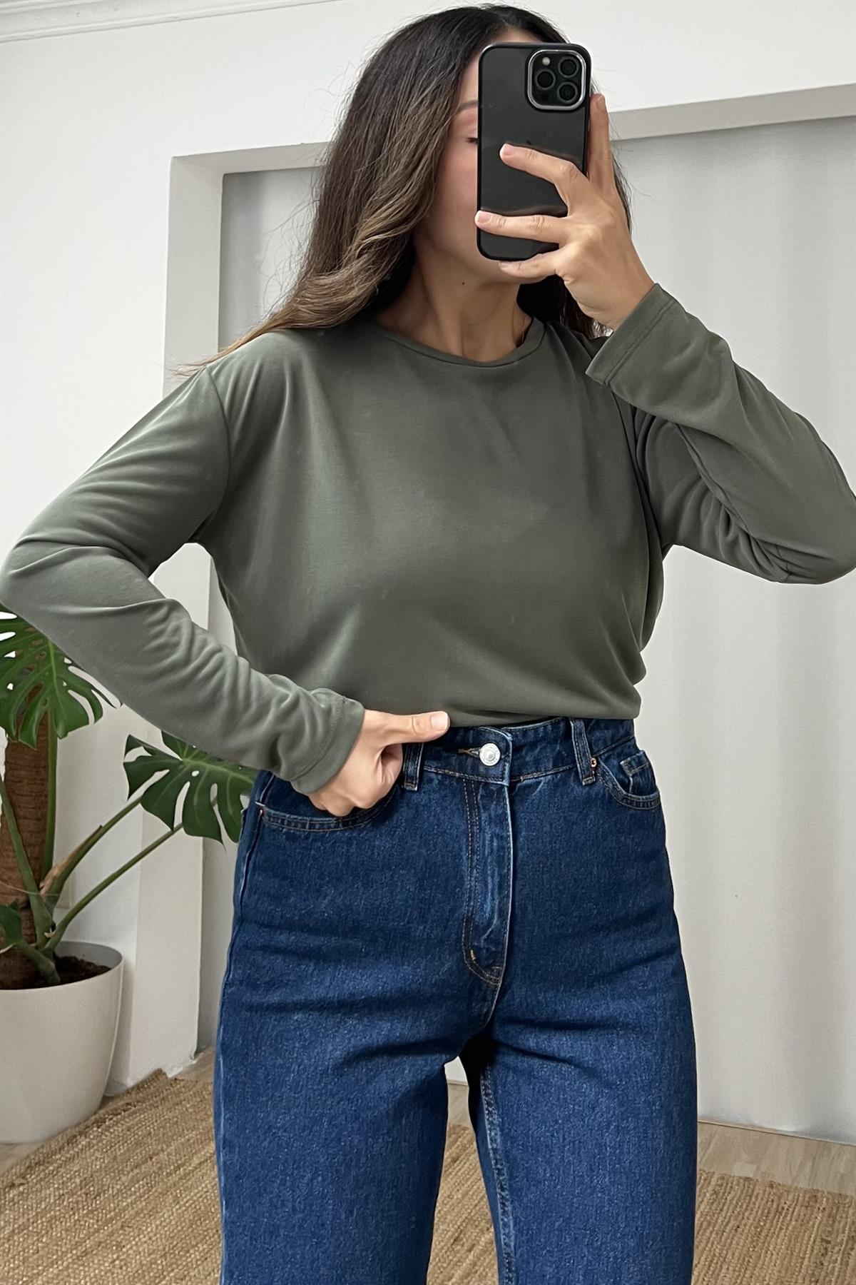 Haki Oys Uzun Kol Modal Tshirt uygun fiyatlarda www.butikhola.com adresinde