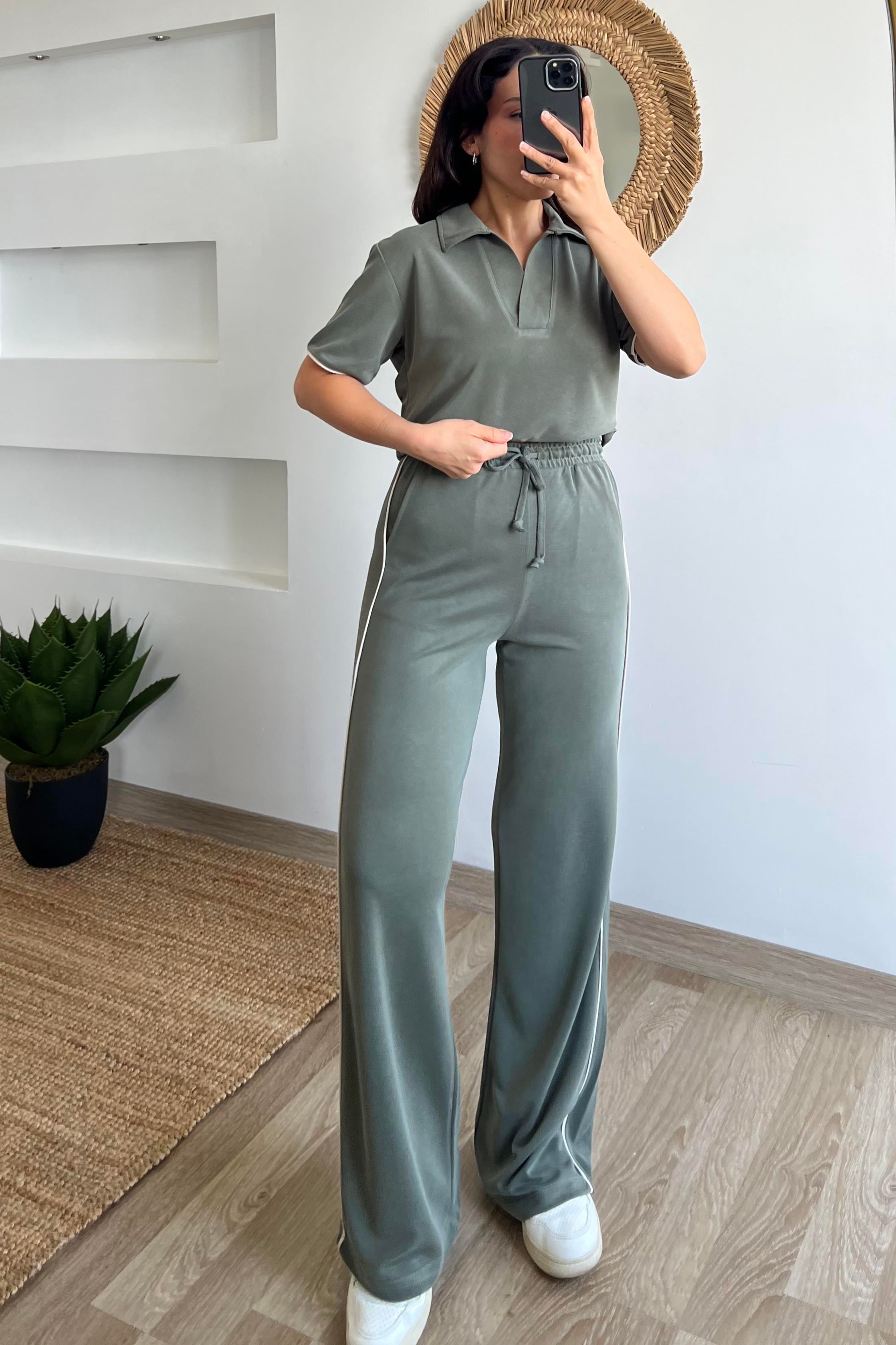 Haki Oysho Kumaş Modal Polo Yaka Tshirt Pantolon Takım uygun fiyatlarda www.butikhola.com adresinde