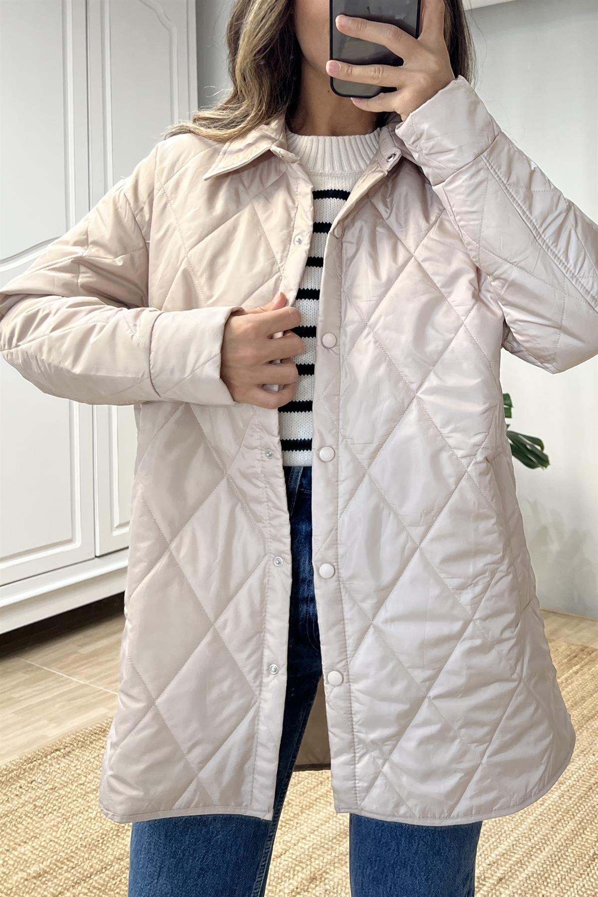 Haki Rengi Kapitone Baharlık Uzun Mont uygun fiyatlarda www.butikhola.com adresinde