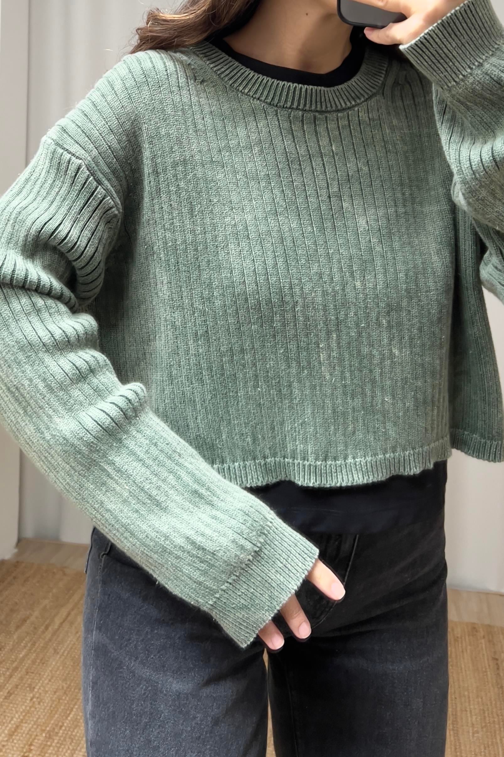 Haki Yıkamalı Crop Kazak uygun fiyatlarda www.butikhola.com adresinde