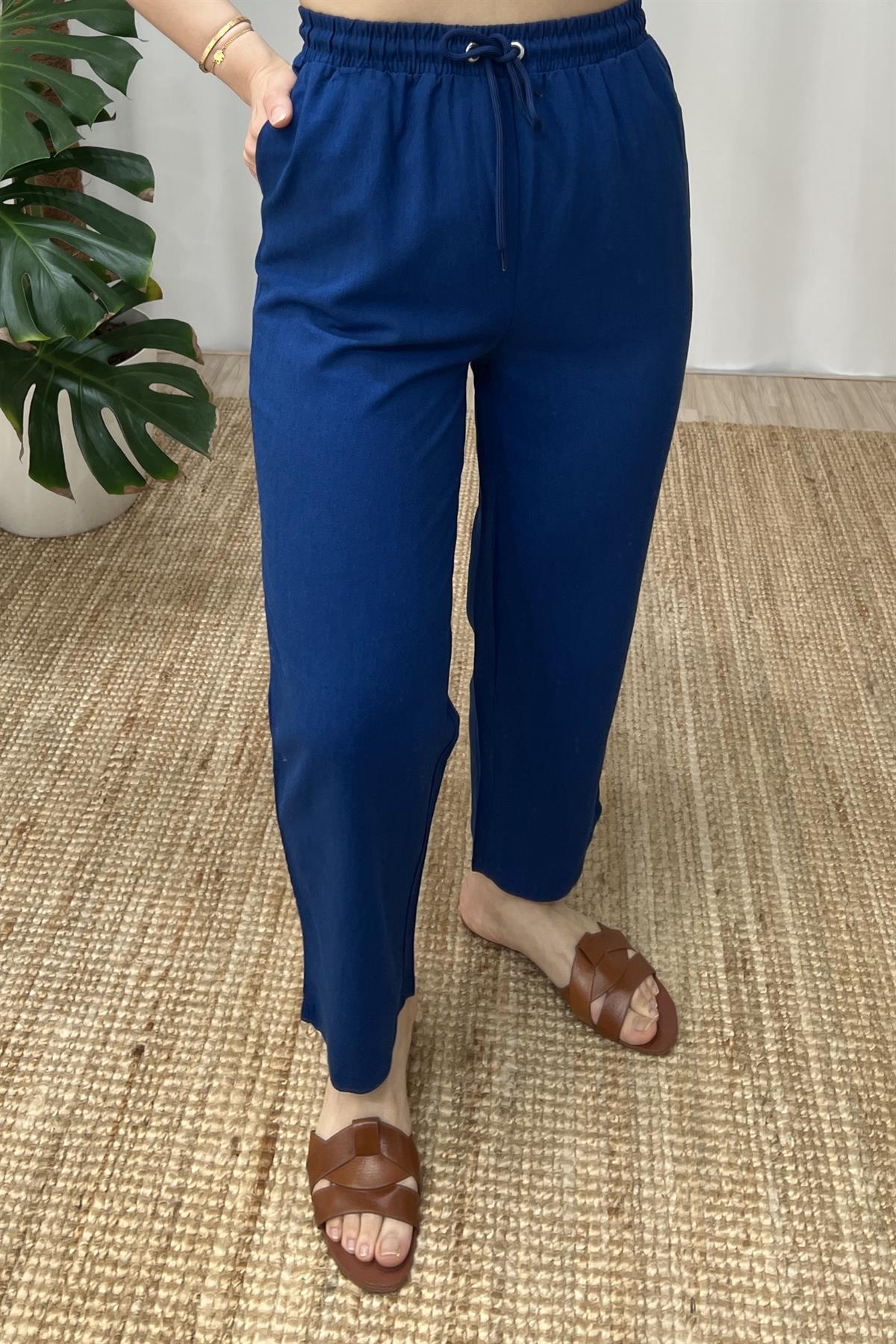 İndigo Beli Lastikli Keten Pantolon uygun fiyatlarda www.butikhola.com adresinde