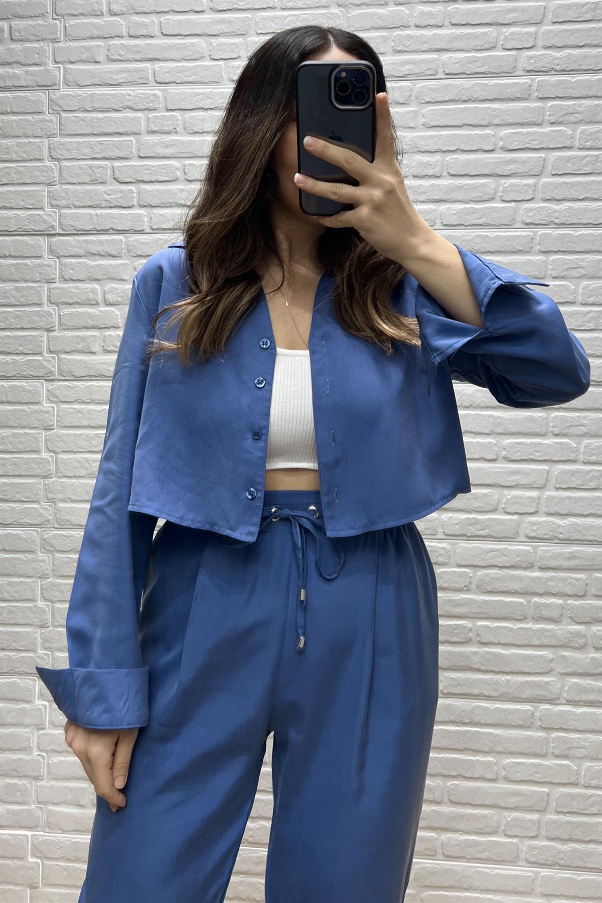 İndigo Crop Tensel Gömlek  uygun fiyatlarda www.butikhola.com adresinde