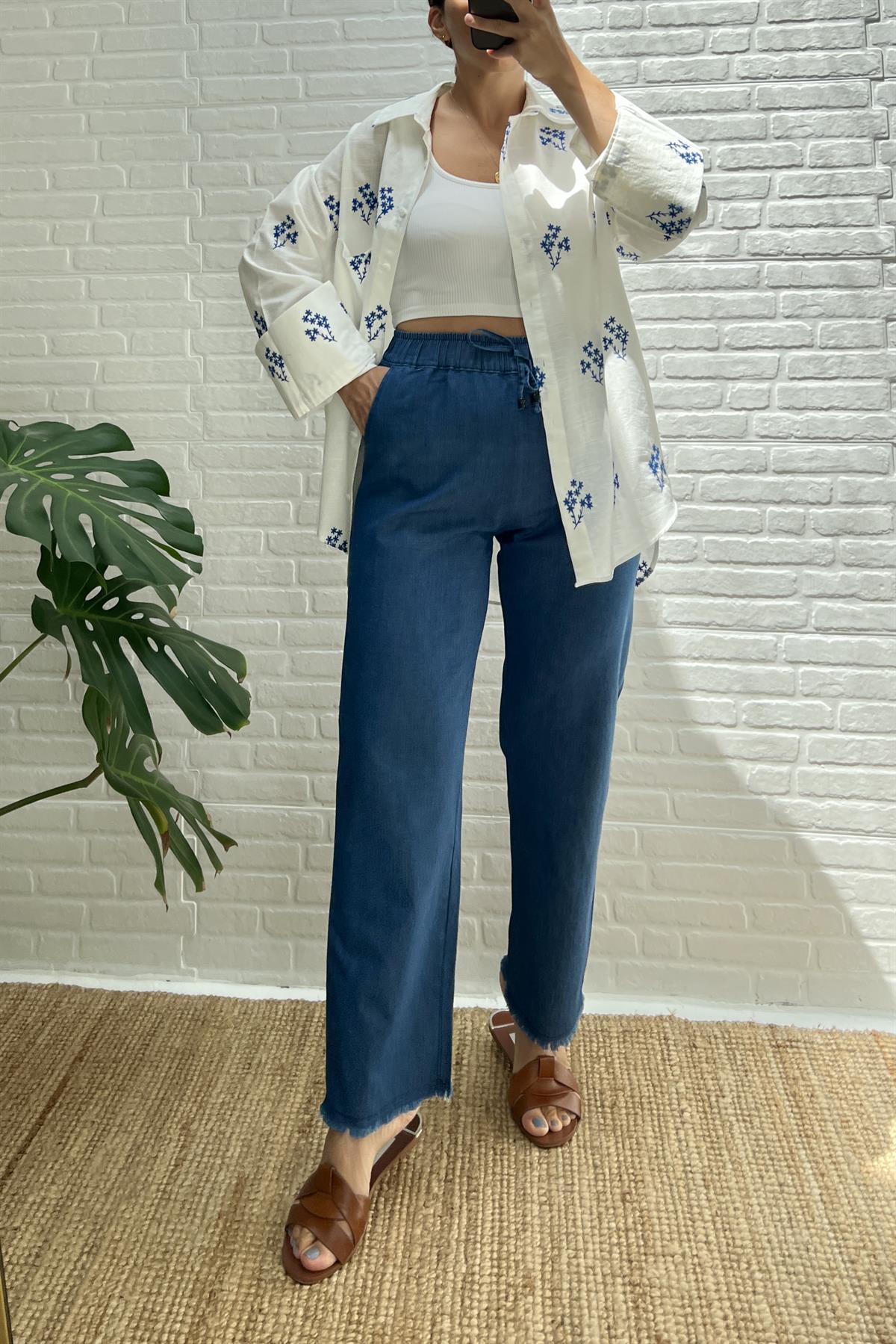 İndigo Paçası Püskül Detaylı Rahat Pantolon uygun fiyatlarda www.butikhola.com adresinde