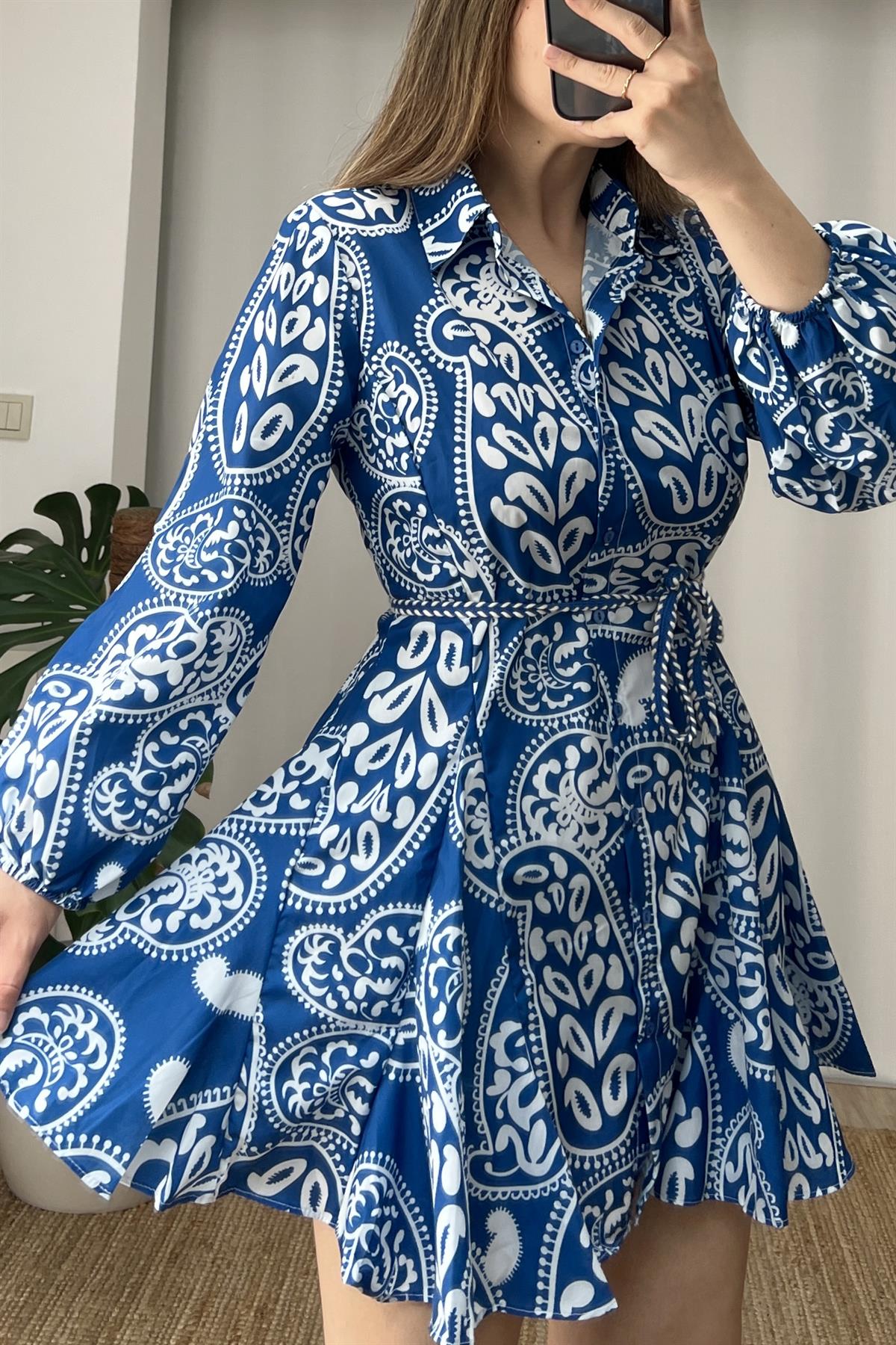 İndigo Şal Desenli Poplin Gömlek Elbise uygun fiyatlarda www.butikhola.com adresinde